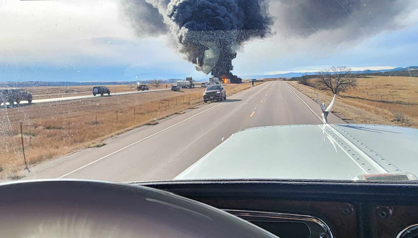 Smoke from this fully-involved semitrailer fire on Interstate 90 near the South Dakota border was visible for 20 miles, said trucker Daniel Ratzlaff.