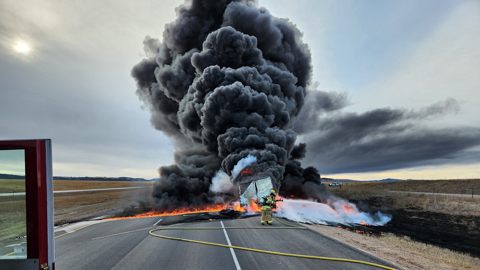 Fire crews from Crook County, Wyoming, and Spearfish, South Dakota, worked together to put out this semitrailer fire on Interstate 90 near Beulah, Wyoming, close to the South Dakota border.