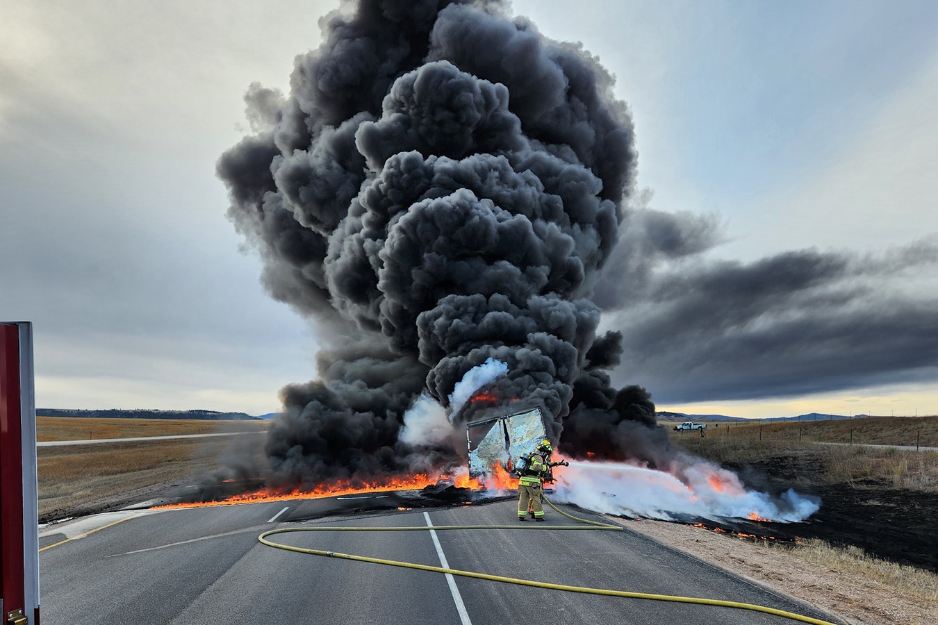 Fire crews from Crook County, Wyoming, and Spearfish, South Dakota, worked together to put out this semitrailer fire on Interstate 90 near Beulah, Wyoming, close to the South Dakota border.