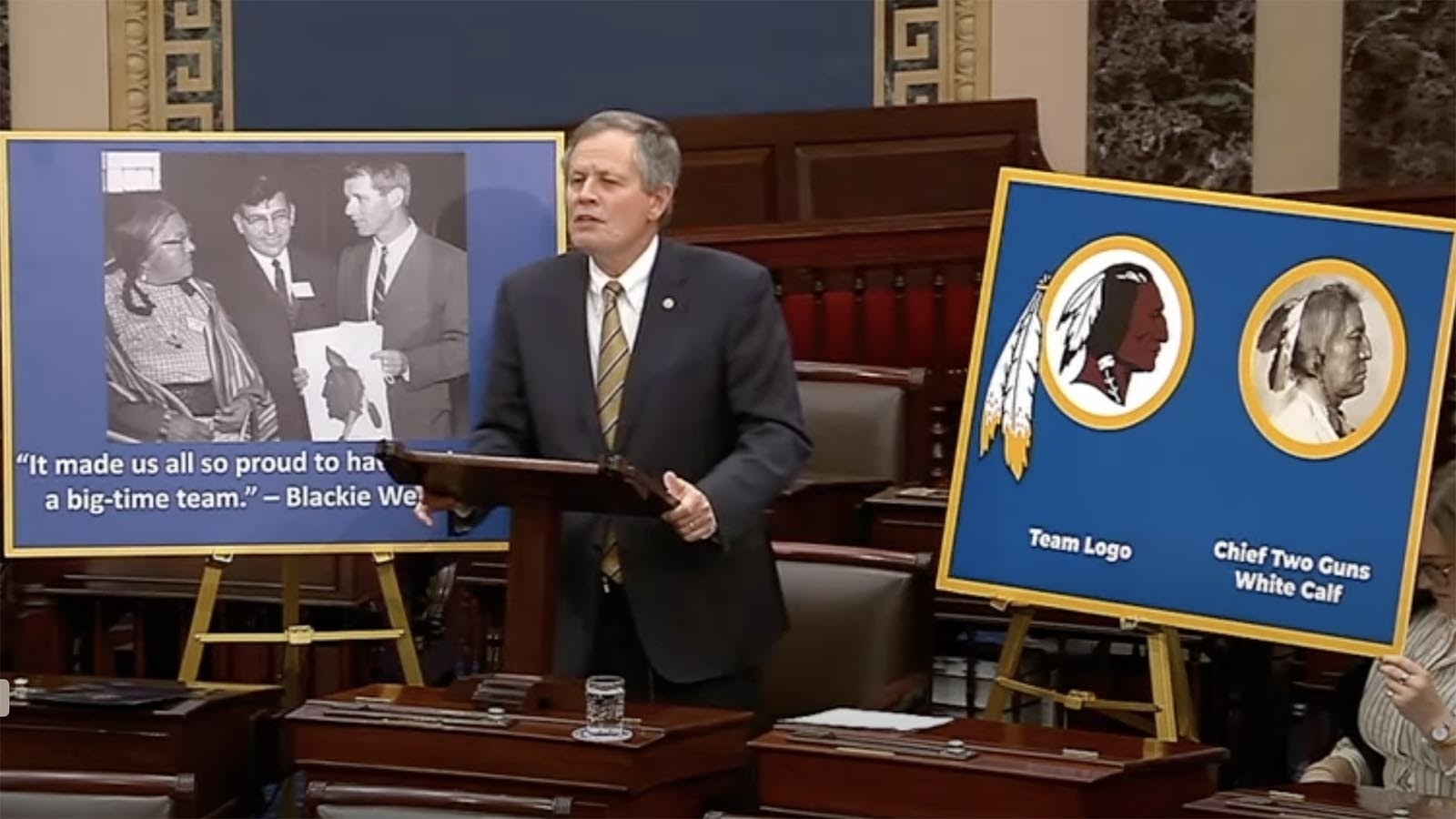 Montana Sen. Steve Daines on the U.S. Senate floor on Nov. 13 pushing for the Washington Commanders NFL football team to restore its original logo, which was inspired by Blackfeet chiefs.