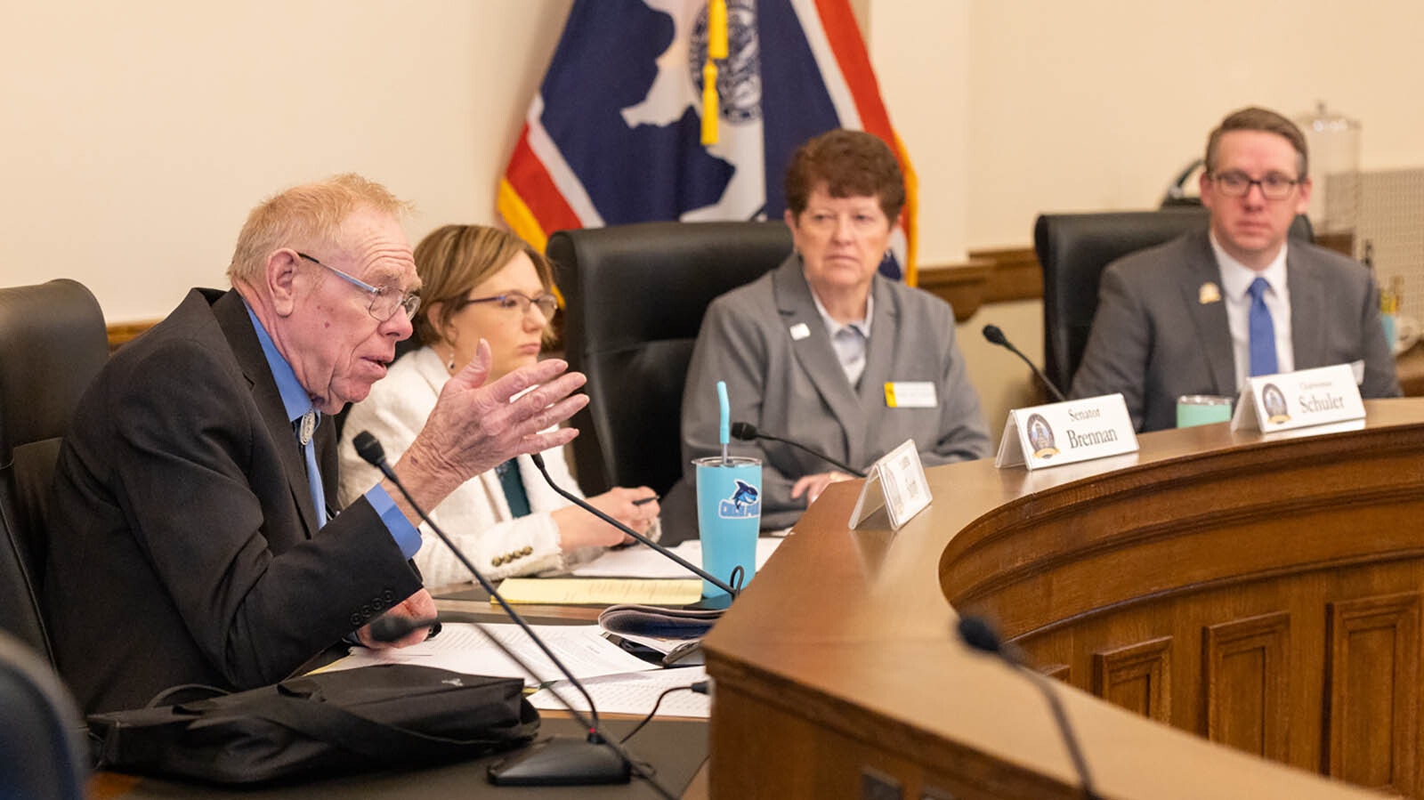 State Senator Charlie Scott, R-Casper, discusses the proposed constitutional change in how the state pays for school construction projects during a Senate Education meeting on Monday, February 3, 2025.