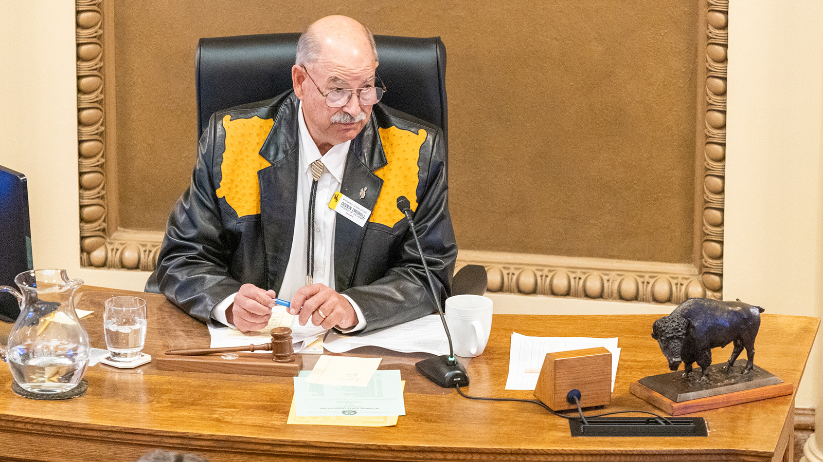 Senate President Ogden Driskill addresses the Senate about a motion to overturn his decision in the interim to remove Sen. Dave Kinskey as chairman of the Appropriations Committee.