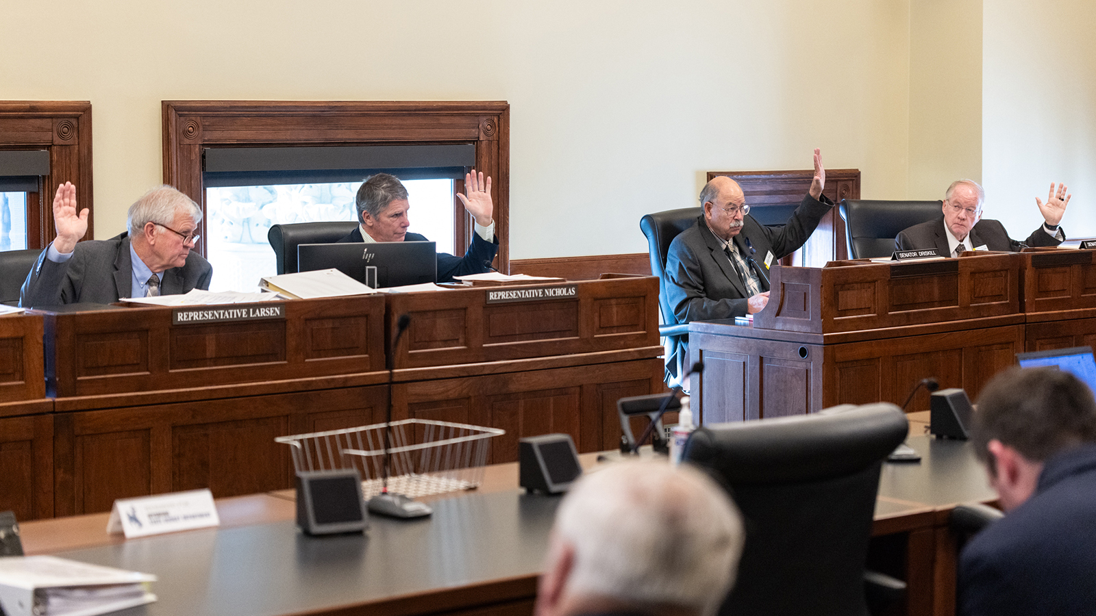 Members of the Senate Joint Conference Committee, appointed the night before, raise their hands during Tuesday negotiations.
