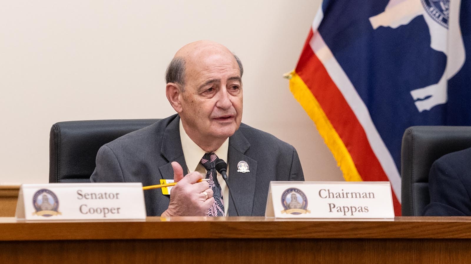 State Sen. Stephan Pappas, R-Cheyenne, discusses a bill that would ban illegal immigrants from driving in Wyoming during a Feb. 18, 2025, meeting of the Sentate Transportion, Highways and Military Affairs Committee, which voted 4-1 to advance the bill to the full Senate.