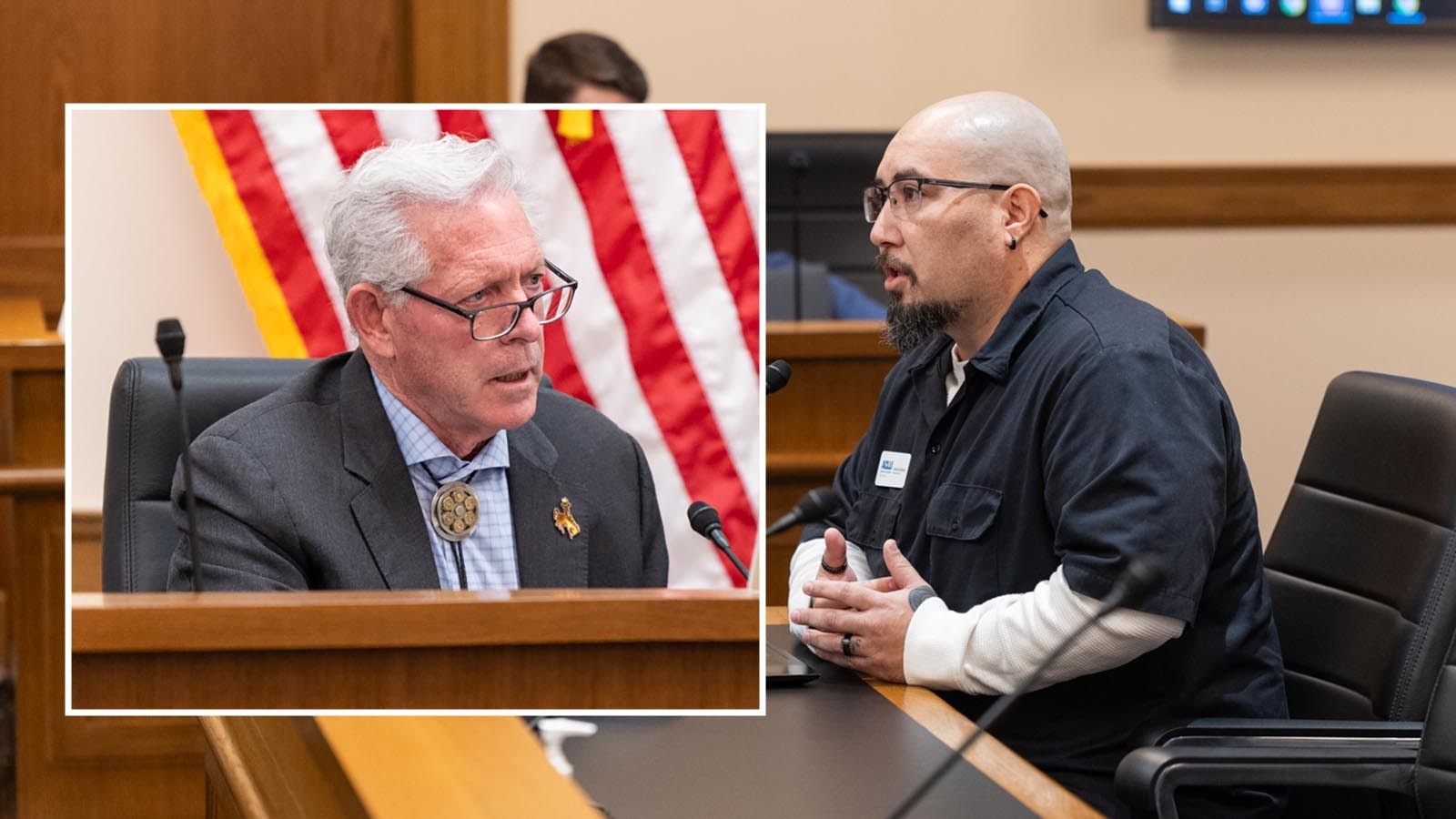 State Sen. John Kolb, R-Rock Springs (inset), sparred with Wyoming ACLU Advocacy Director Antonio Serrano on Feb. 18, 2025, over a bill that would ban illegal immigrants from driving in Wyoming. The Sentate Transportion, Highways and Military Affairs Committee voted 4-1 to advance the bill to the full Senate.