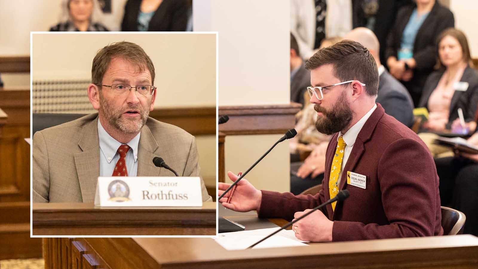 State Sen. Chris Rothfuss, D-Laramie, left, was one of two "no" votes for a school choice bill sponsored by Rep. Ocean Andrew, R-Laramie, right.