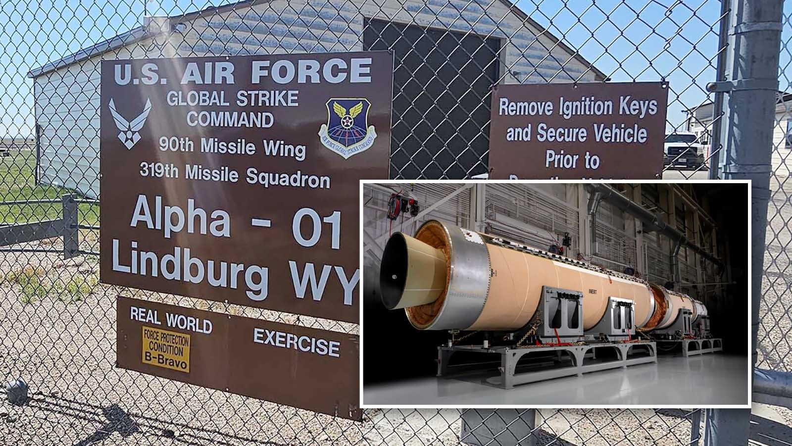 The first fully assembled Sentinel missile is show, along with one of the sites for the old Minuteman III missiles the Sentinel will replace.
