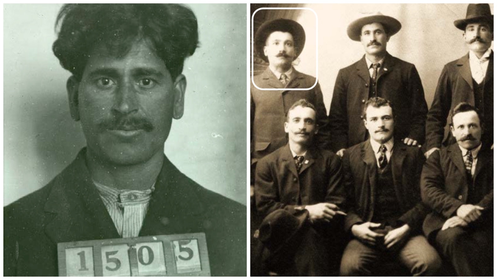 Gus Panos, a Greek immigrant, left, who was convicted of shooting Riccardo Severini while drunk. Right, officers of the Dante Alighieri Society. Riccardo Severini is in the upper left corner.