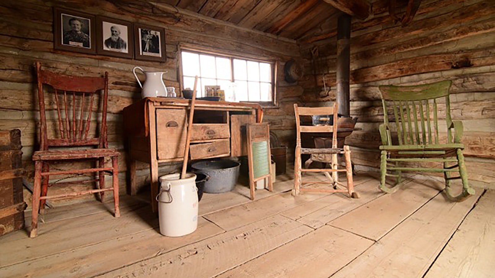 The interior of the Morrison cabin building depicts what home was like for a pioneering Wyoming family.