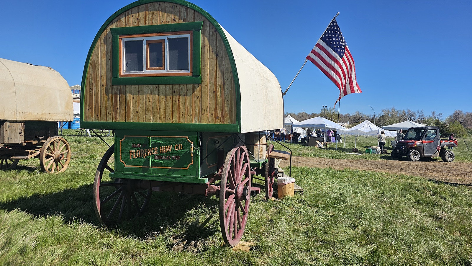 The back of The Pearl sheep wagon at Gillette's third annual Sheepherding Festival. Some sheep wagons have a chuckwagon-type cook station in the back, others have an area to store staples like beans and flour.