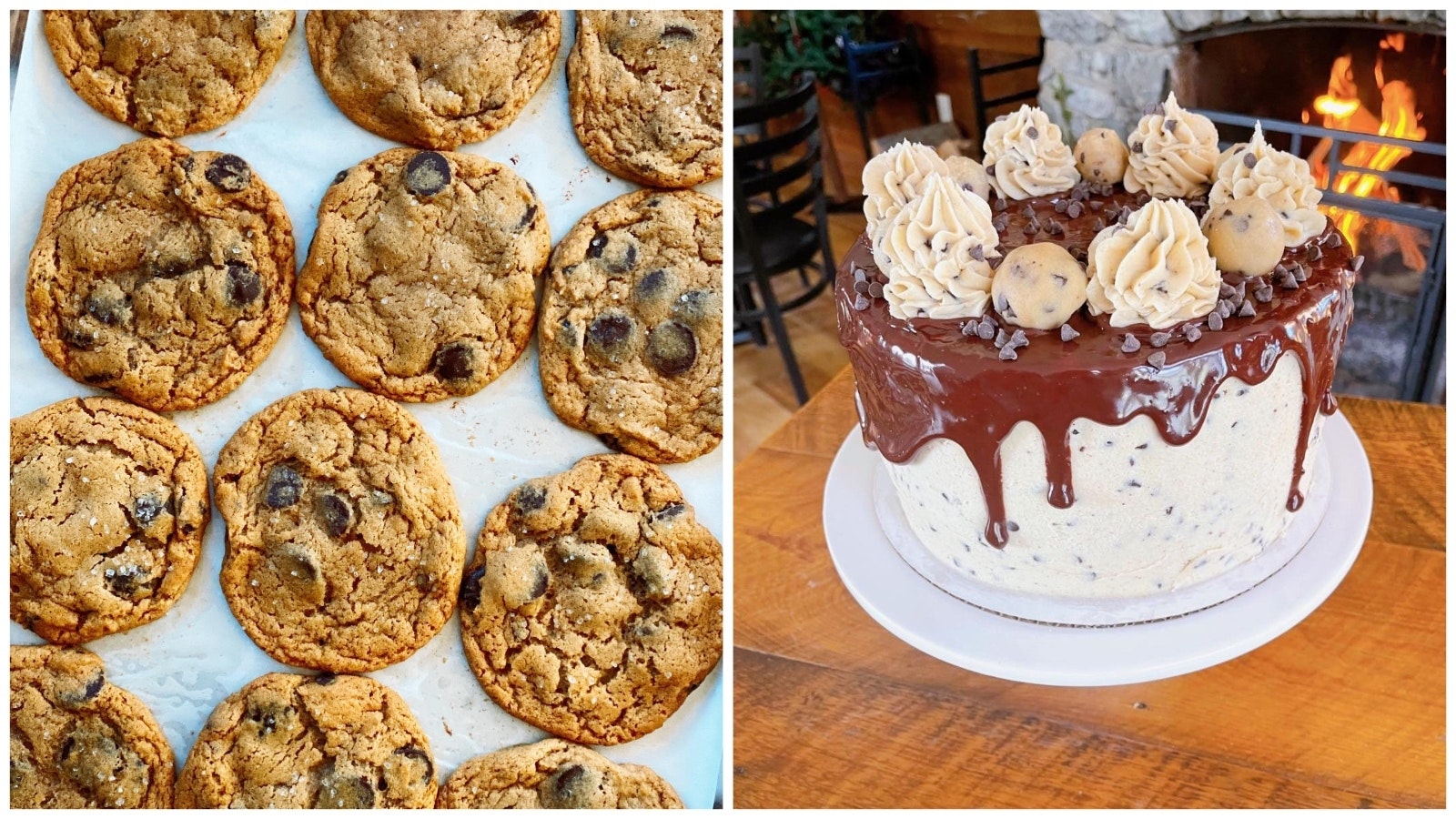 Chocolate chip cookies and a chocolate chip cookie dough cake with a cookie dough filling and browned butter cookie dough icing.