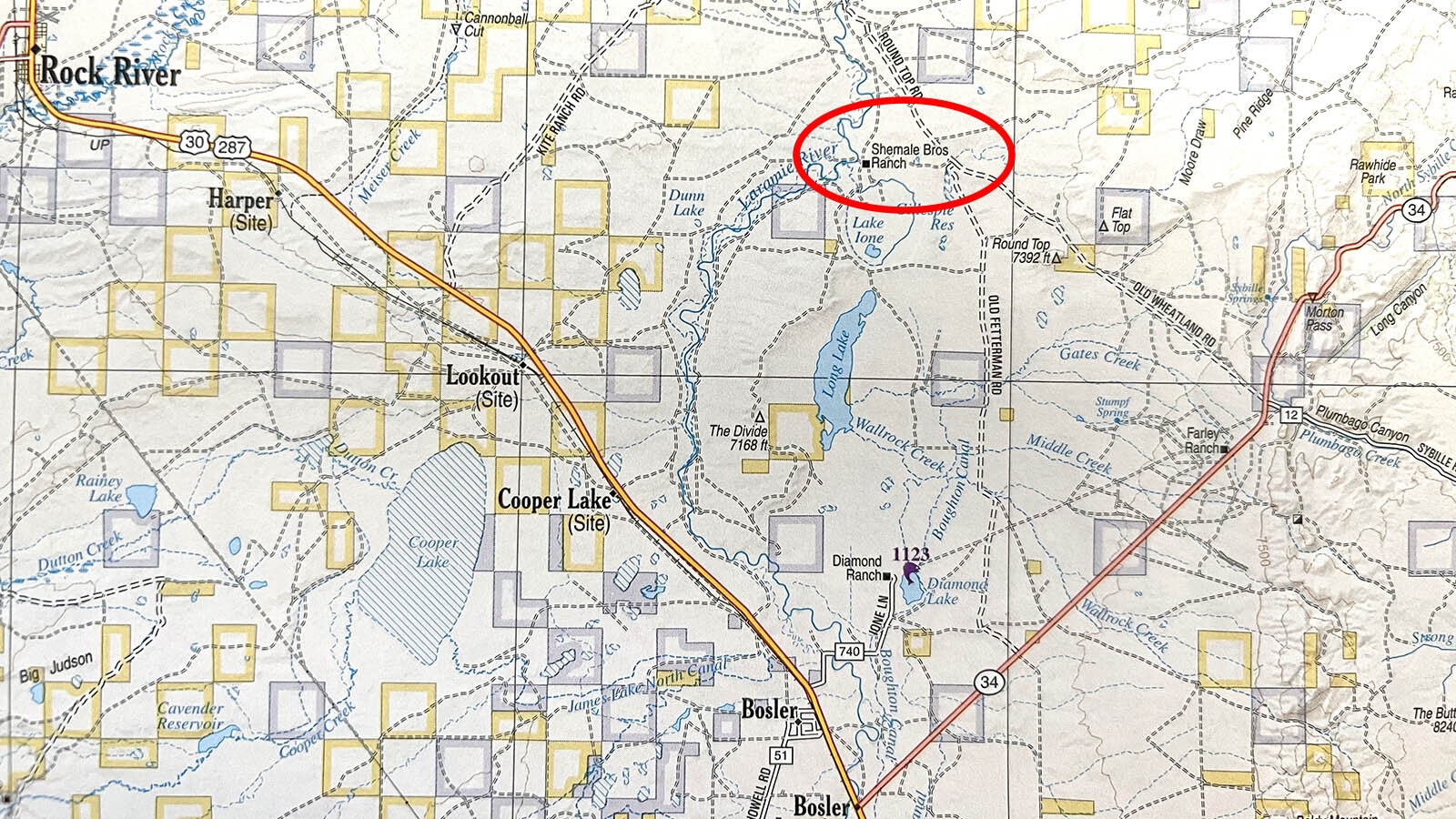 The Schmale Bros. Ranch, incorrectly marked here as "Shemale Bros. Ranch," is in northern Albany County, east of Rock River.