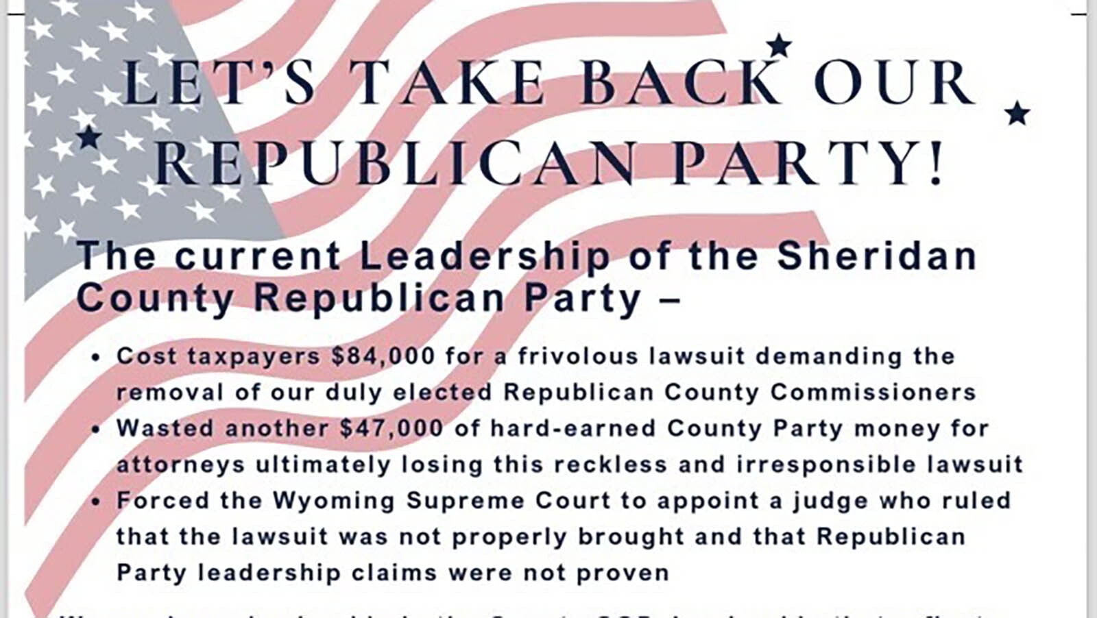 The Wyoming Republican Party has sent a cease-and-desist letter to the Better Sheridan County Leadership group to stop using the trademark GOP elephant logo.