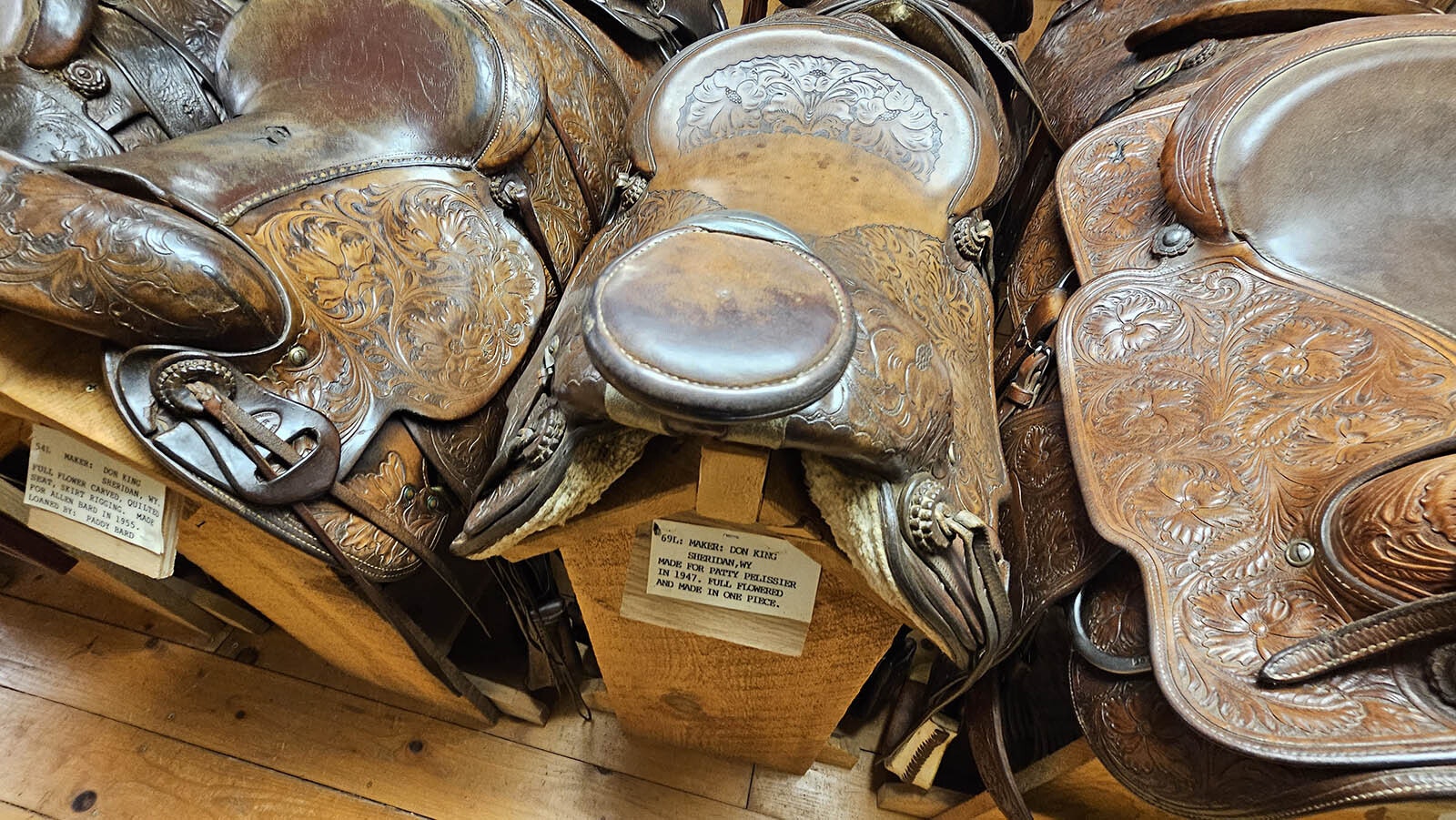 A few of the fancy saddles on display at King's Saddlery.