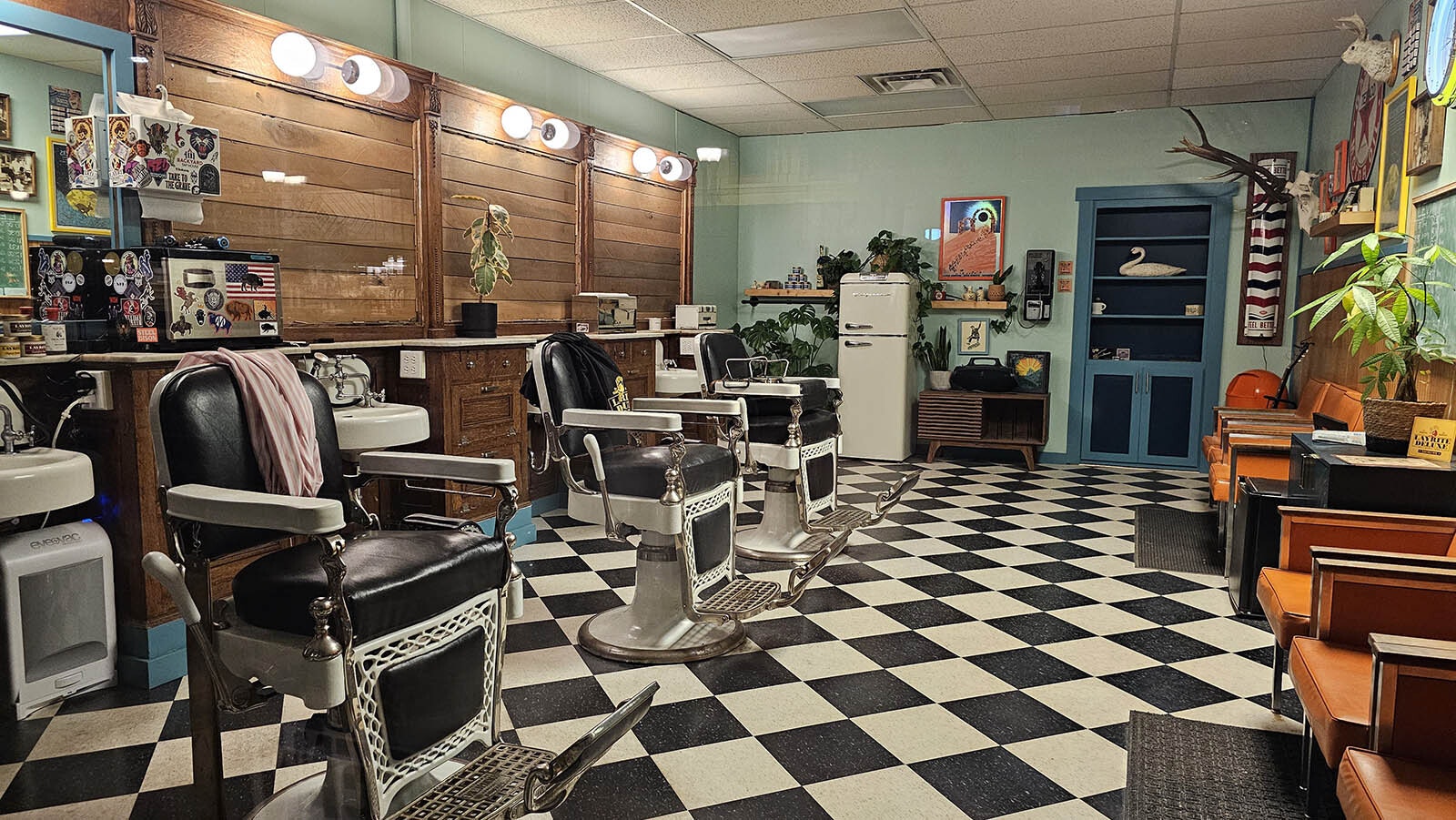 Inside the Swan Barbershop, which has a nice vintage retro look.