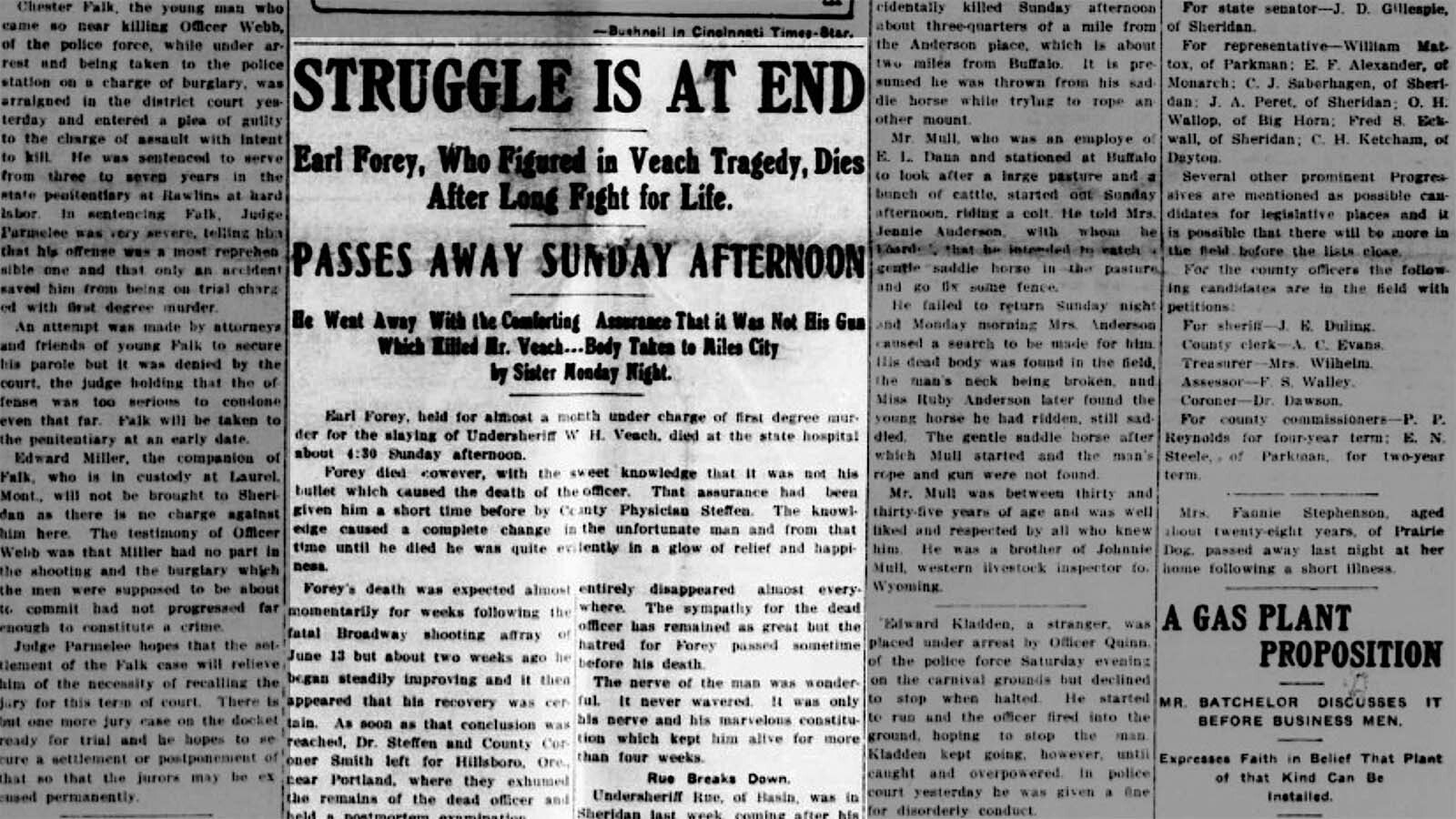 The Sheridan Post carried a story on the death of Earl Foree, nearly a month after he was shot three times in a confrontation with the law.