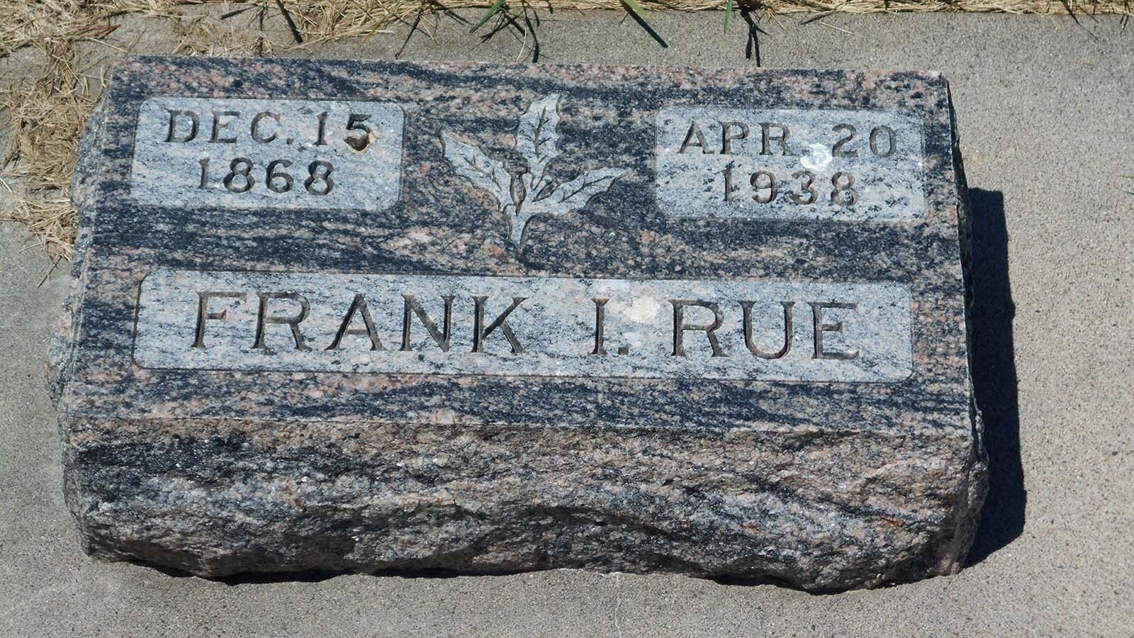 The grave of Big Horn County Deputy Frank Rue, whose stolen horse led to a gunfight on June 13, 1914, that claimed Sheridan County Undersheriff William Veach’s life. It was ruled that Rue’s bullet and not the outlaw’s killed Veach.