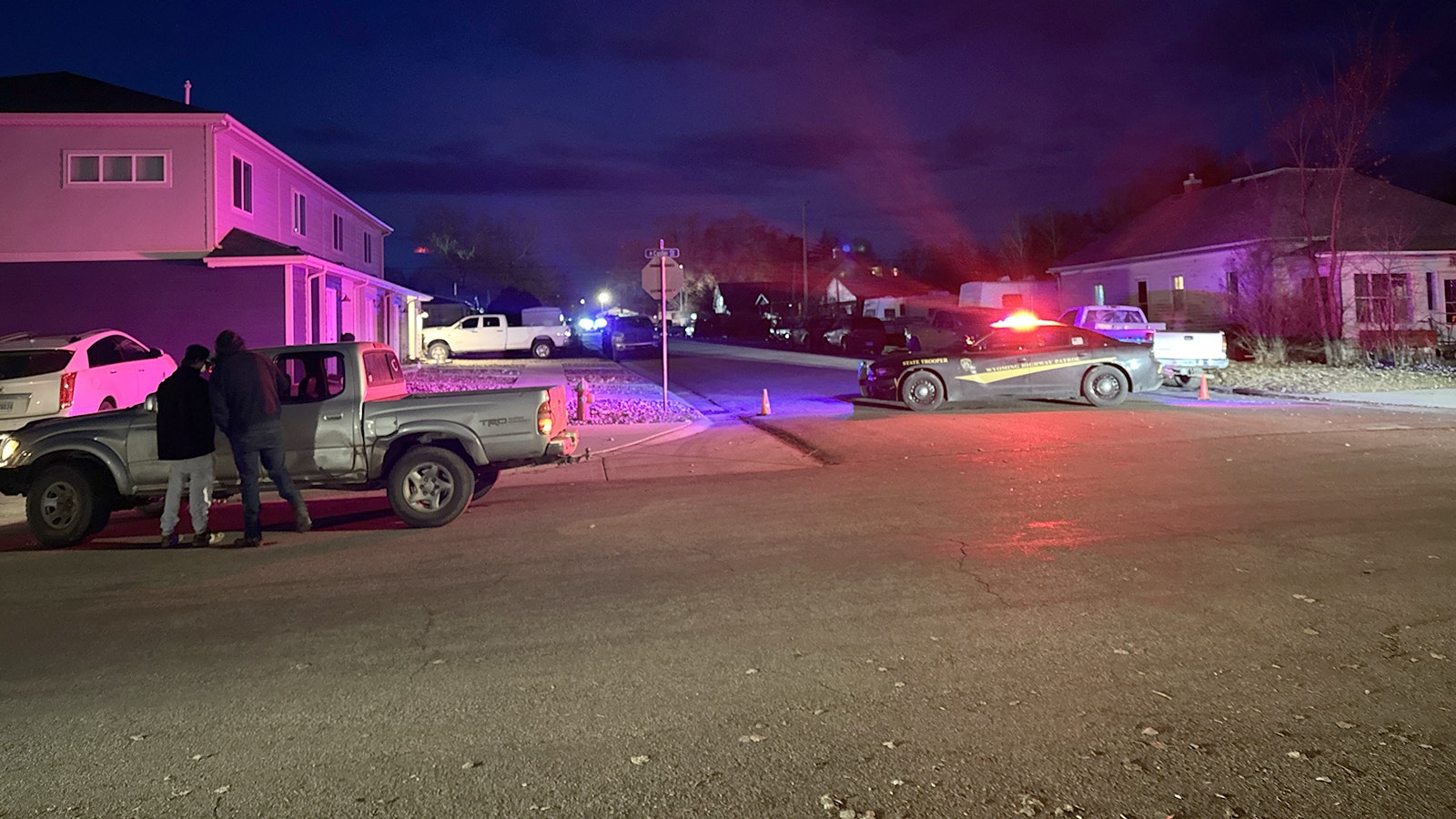 Law enforcement from Sheridan, Gillette and other Wyoming jurisdictions have the area around a Sheridan, Wyoming, home blocked off Tuesday evening during a standoff with a man suspected of killing a Sheridan police officer earlier in the day.