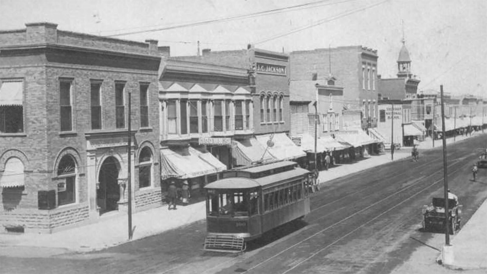 This image of an old postcard shows the Sheridan, Wyoming, trolley running in 1912.