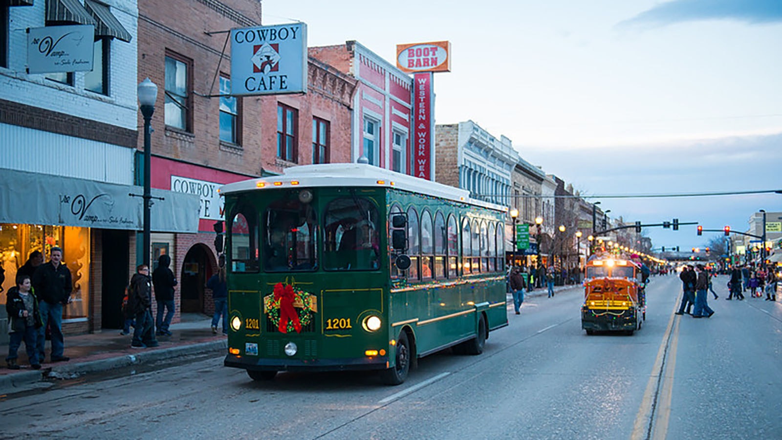 A throwback to the days when electric trolley cars moved up and down the main street of Sheridan, Wyoming, a motorized coach gives rides through the city.