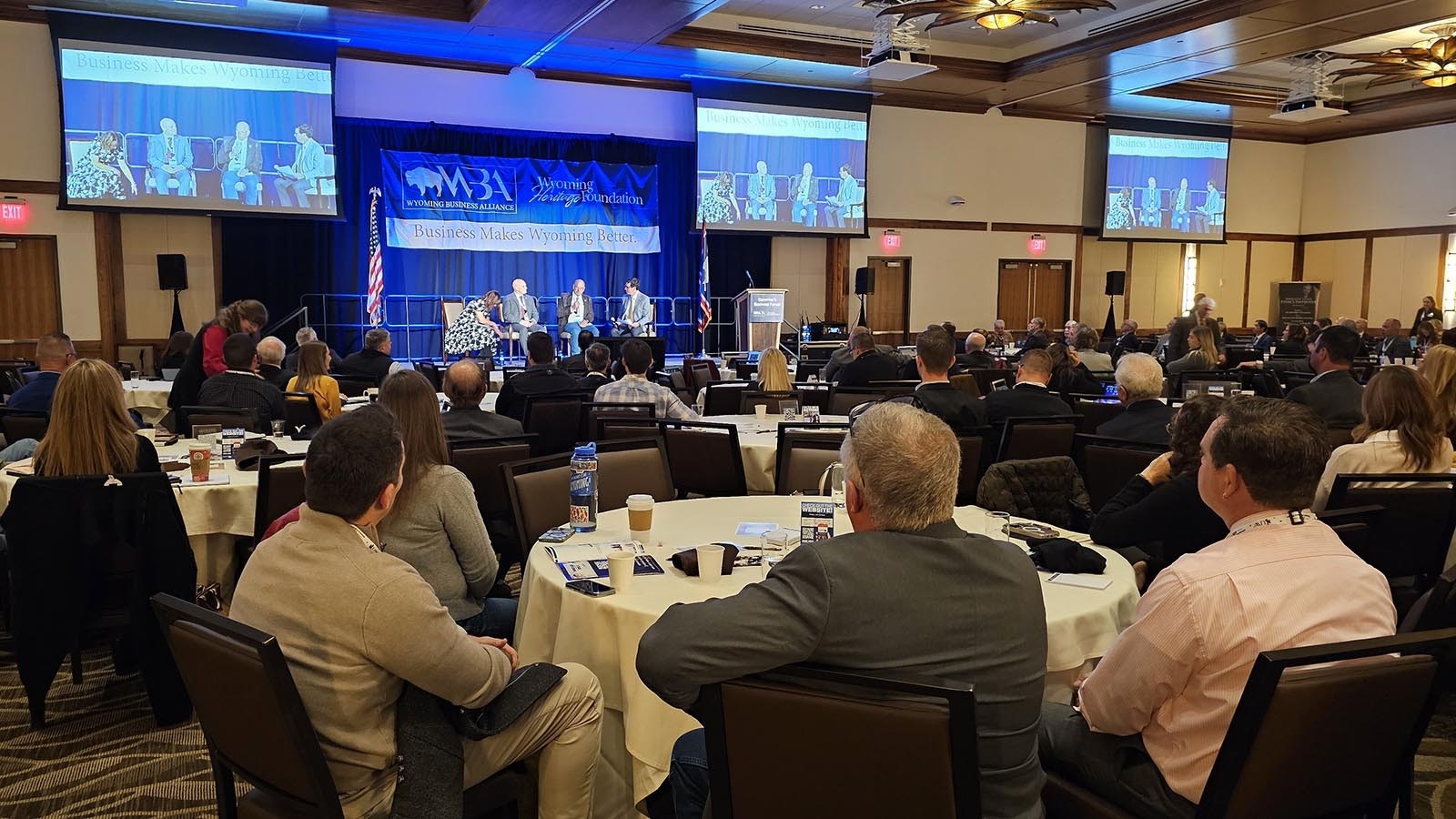 From left, state Reps. Trey Sherwood, John Bear and Senate President Ogden Driskill debate tax relief and their visions for Wyoming’s future Thursday in Laramie at the Wyoming Business Alliance’s Governor Business Forum.