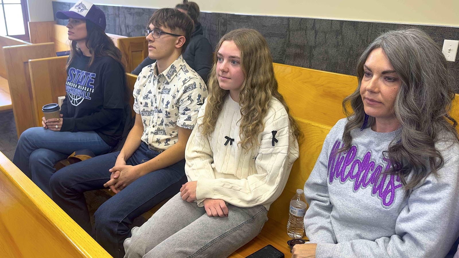 Nikki Edmundson, from left, Cutler Edmundson, Heather Ohs and Bria Ohs showed up Nov. 26, 2024, to see former Harrison, Mont., Principal-Superintendent Sharyl Allen plead “no contest” to obstructing a peace officer in Virginia City, Mont.