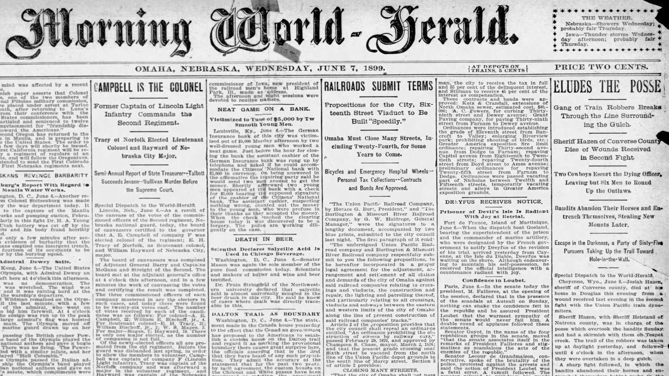 The Omaha Morning World-Herald reports on the shooting of Sheriff Joe Hazen on June 7, 1899.