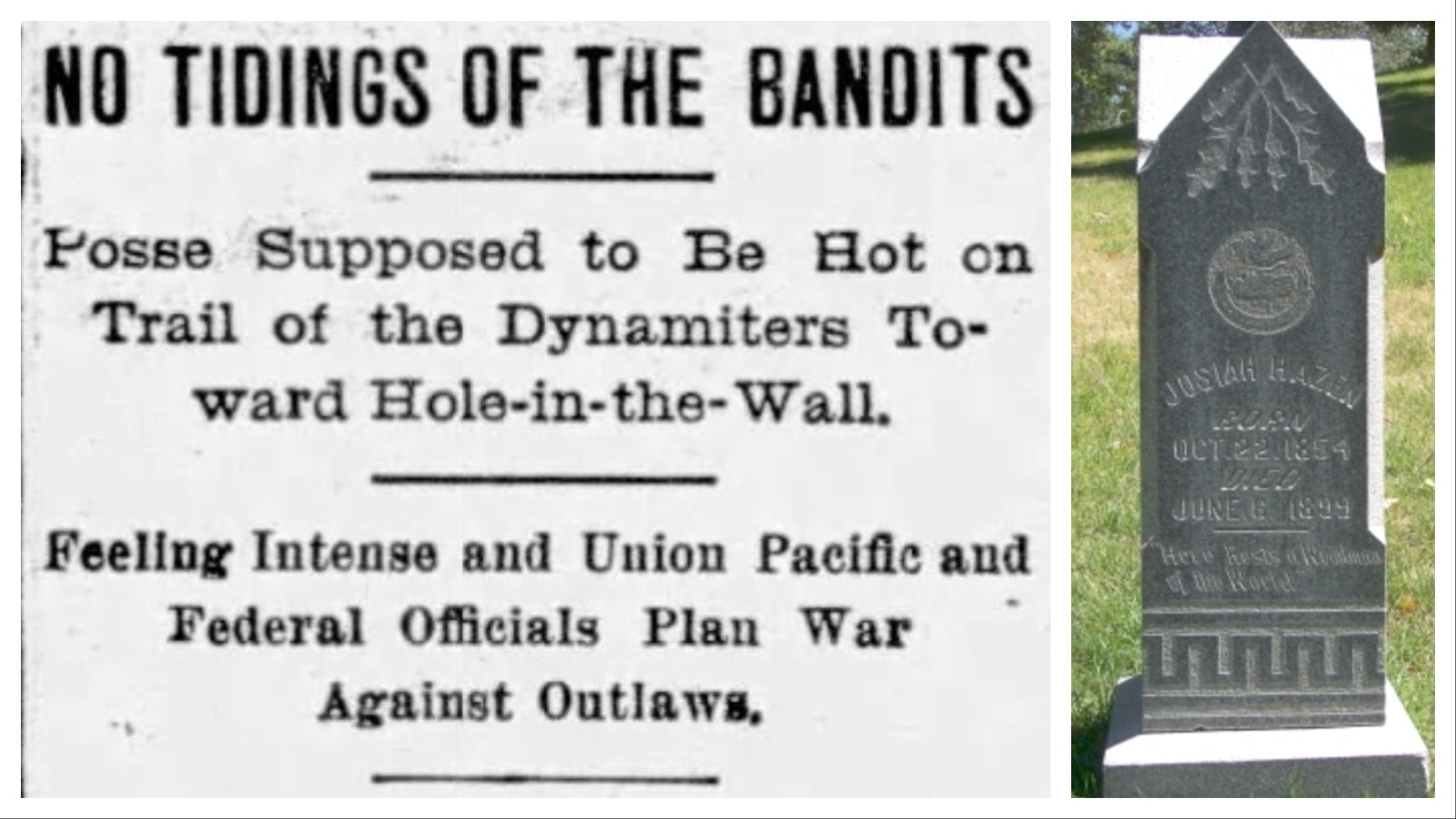 A headline in the Omaha World Herald about the train robbery, and Josiah Hazen's grave.