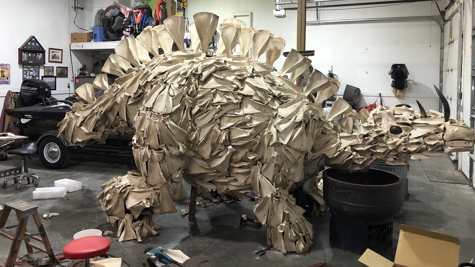 Wes Plummer collected shoulders from bison, elk, cattle and many other animals for three years until he had enough to build a prehistoric dinosaur from modern bones. It's funky, fun and named Windee.