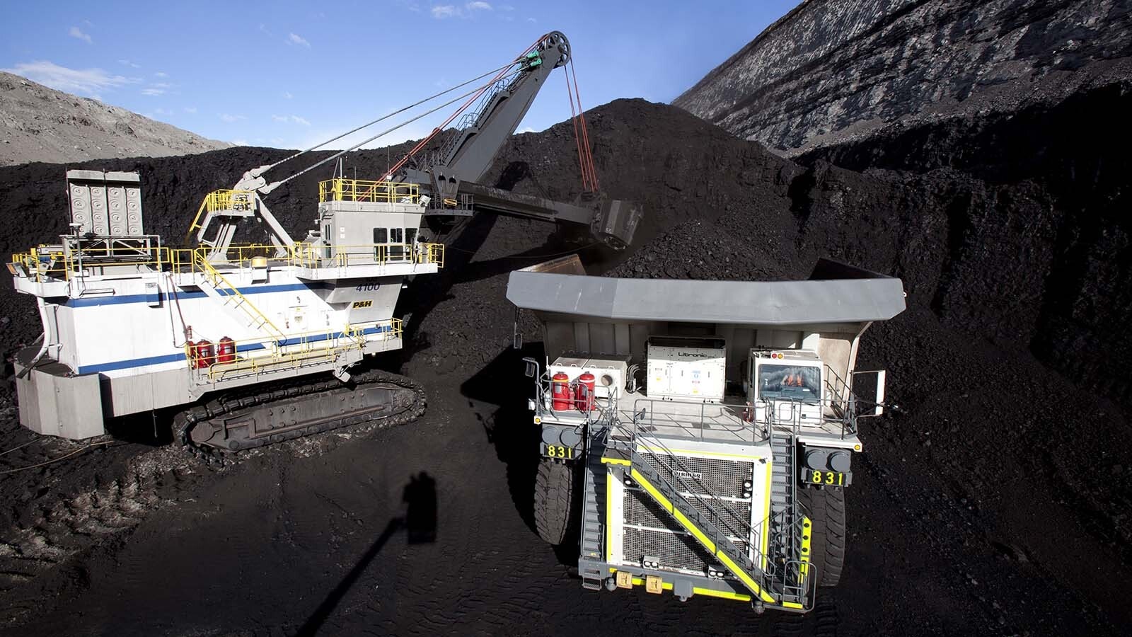 A large coal shovel fills a haul truck at Peabody Energy's North Antelope Rochelle Mine in the Powder River Basin of northeast Wyoming.