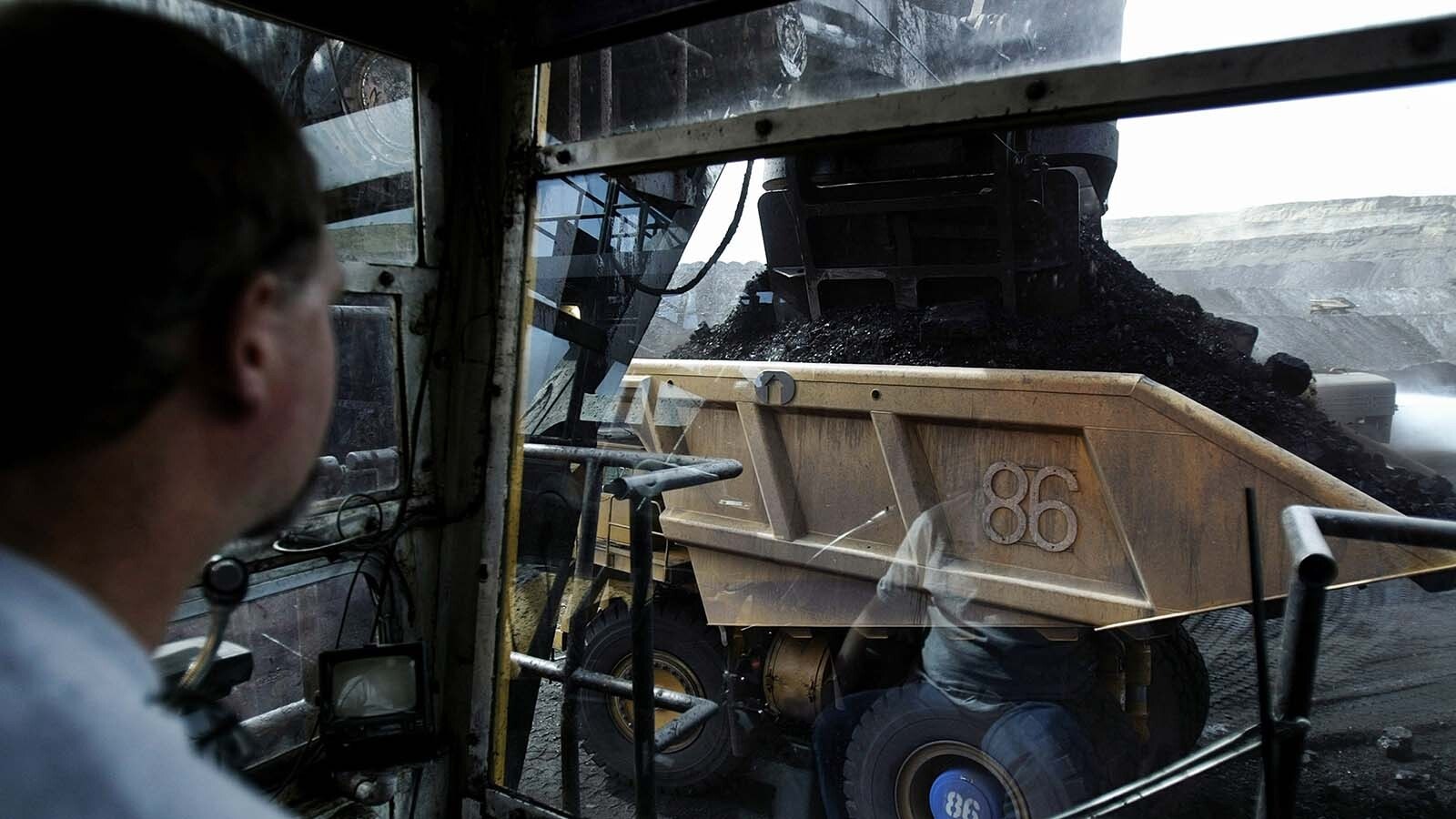 An electric shovel operator loads a haul truck with 200 tons of coal at the Buckskin Mine near Gillette, Wyoming, in this file photo.