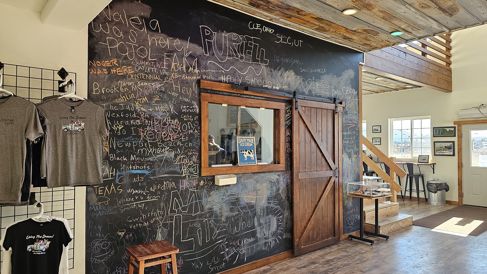 A chalkboard is available for customers to write messages or their location at Shumway Farms.