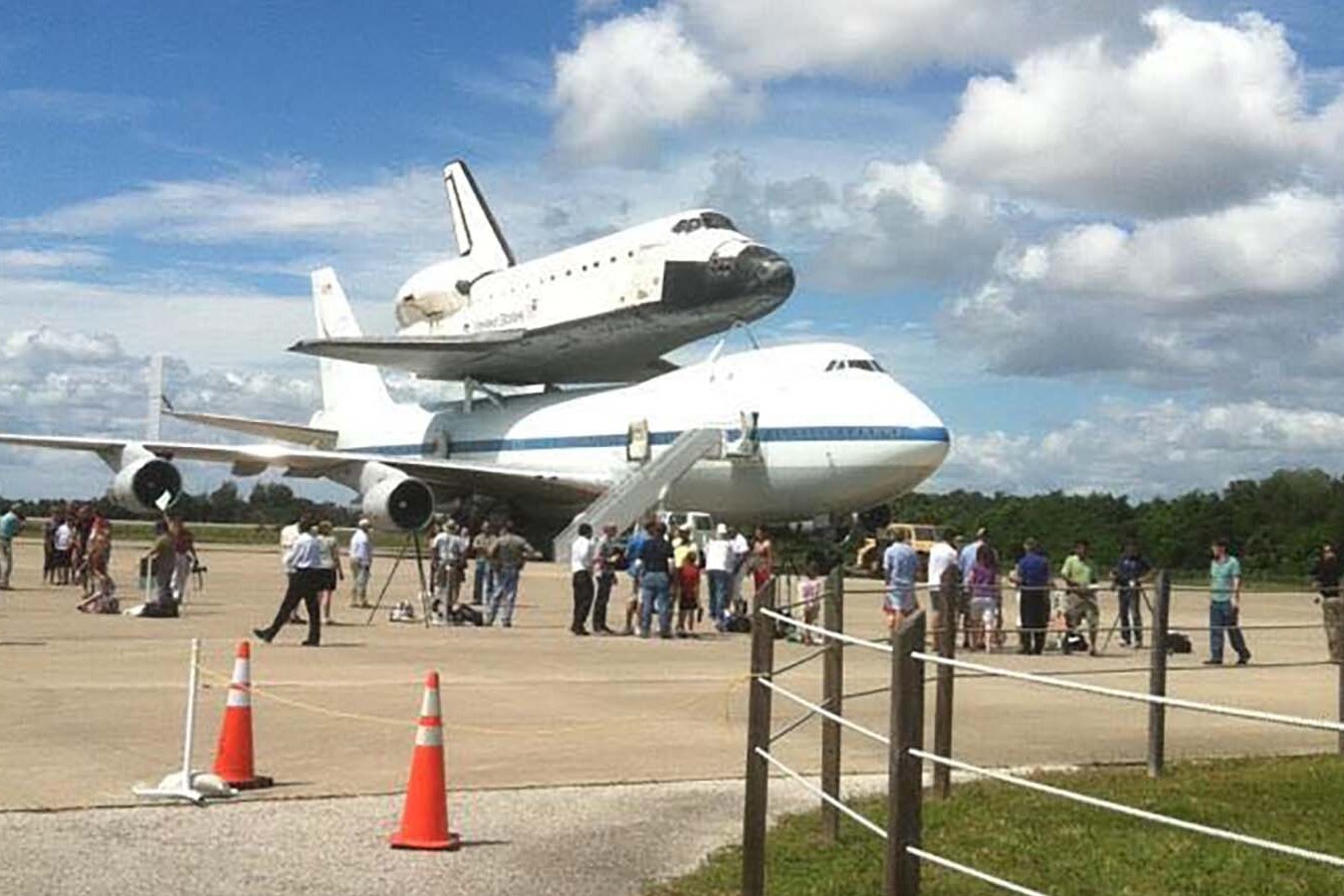 The space shuttle on a 747 at Ellington Field in Houston, Texas.