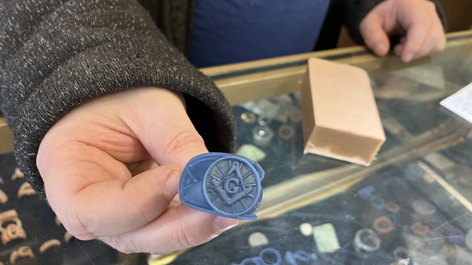 An original Masonic ring that a customer designed and Sid Anderson was able to create. This was form of the ring will be covered in ceramic and then gold put into the ceramic to create the ring.