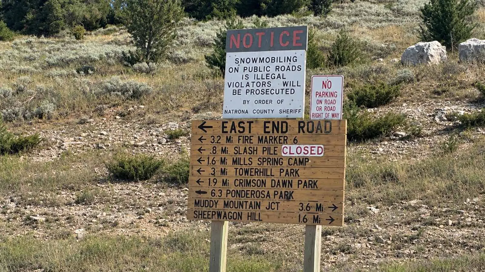 A sign on Casper Mountain points toward East End Road, Crimson Dawn Park and Muddy Mountain Junction, near the remote area where emergency crews responded to a serious side-by-side rollover Sunday.