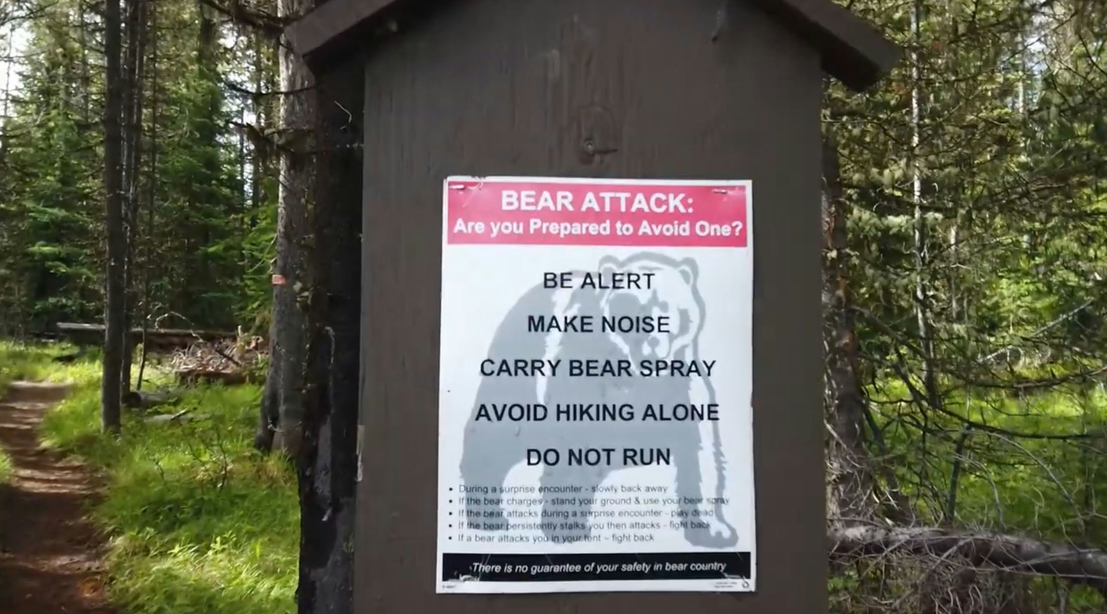 YouTuber Jay Wanders Out encountered this warning sign to be alert of bear attacks while hiking the Signal Mountain Trail in the Grand Tetons of Wyoming.