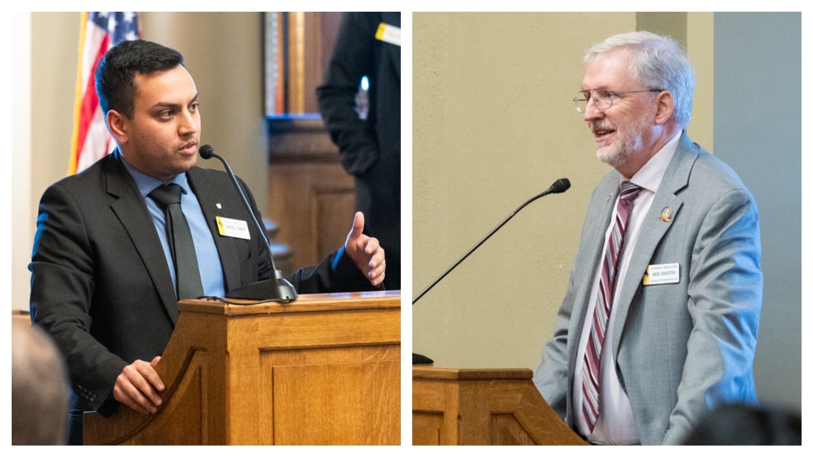 State Reps. Daniel Singh, left, and Ken Chester debate the "What is a Woman Act" on the Wyoming House floor Monday, Jan.. 20, 2025.