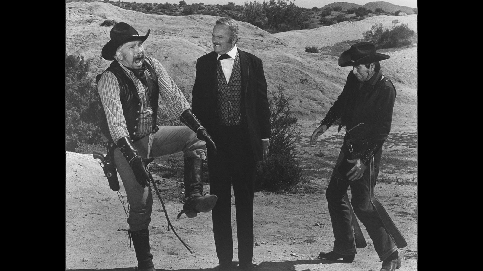 Slim Pickens, Harvey Korman and Burton Gilliam in a scene from the classic 1974 Mel Brooks comedy Western "Blazing Saddles." Pickens played the bumbling cowboy boss Taggart.