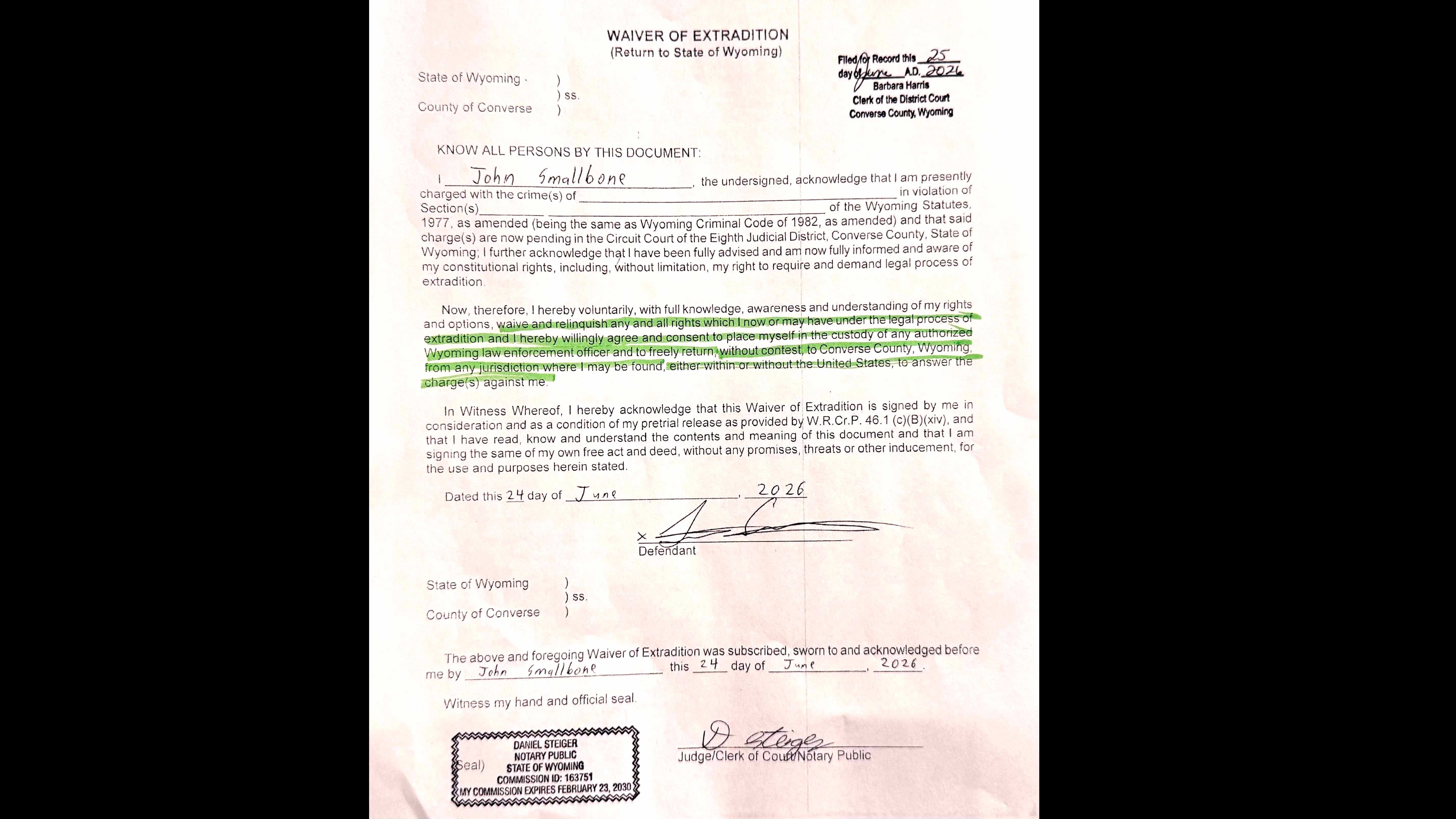 Smallbone waiver of extradition 8 7 26