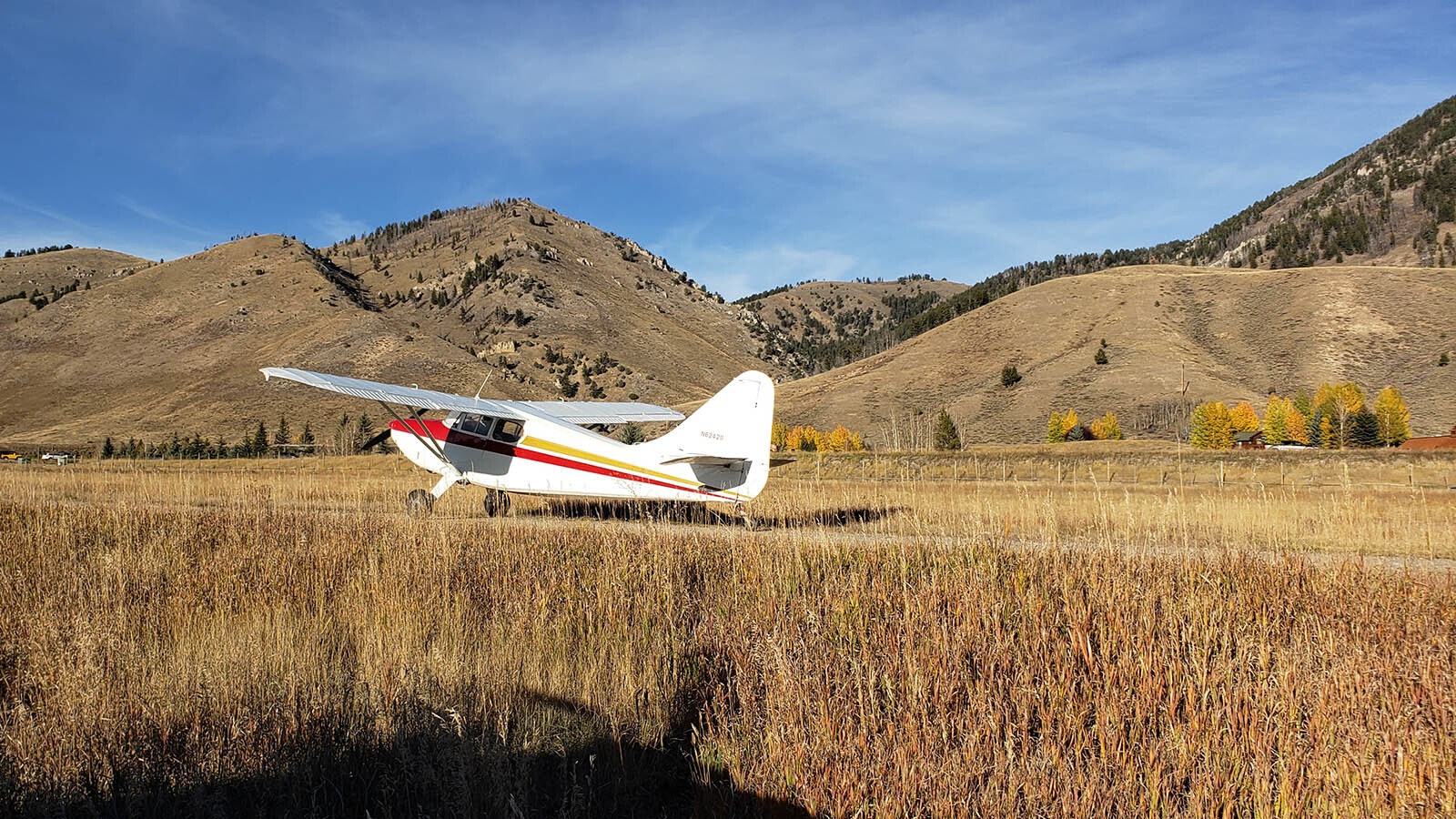 Just after touching down on a dirt airstrip at Melody Ranch International in Jackson Hole.