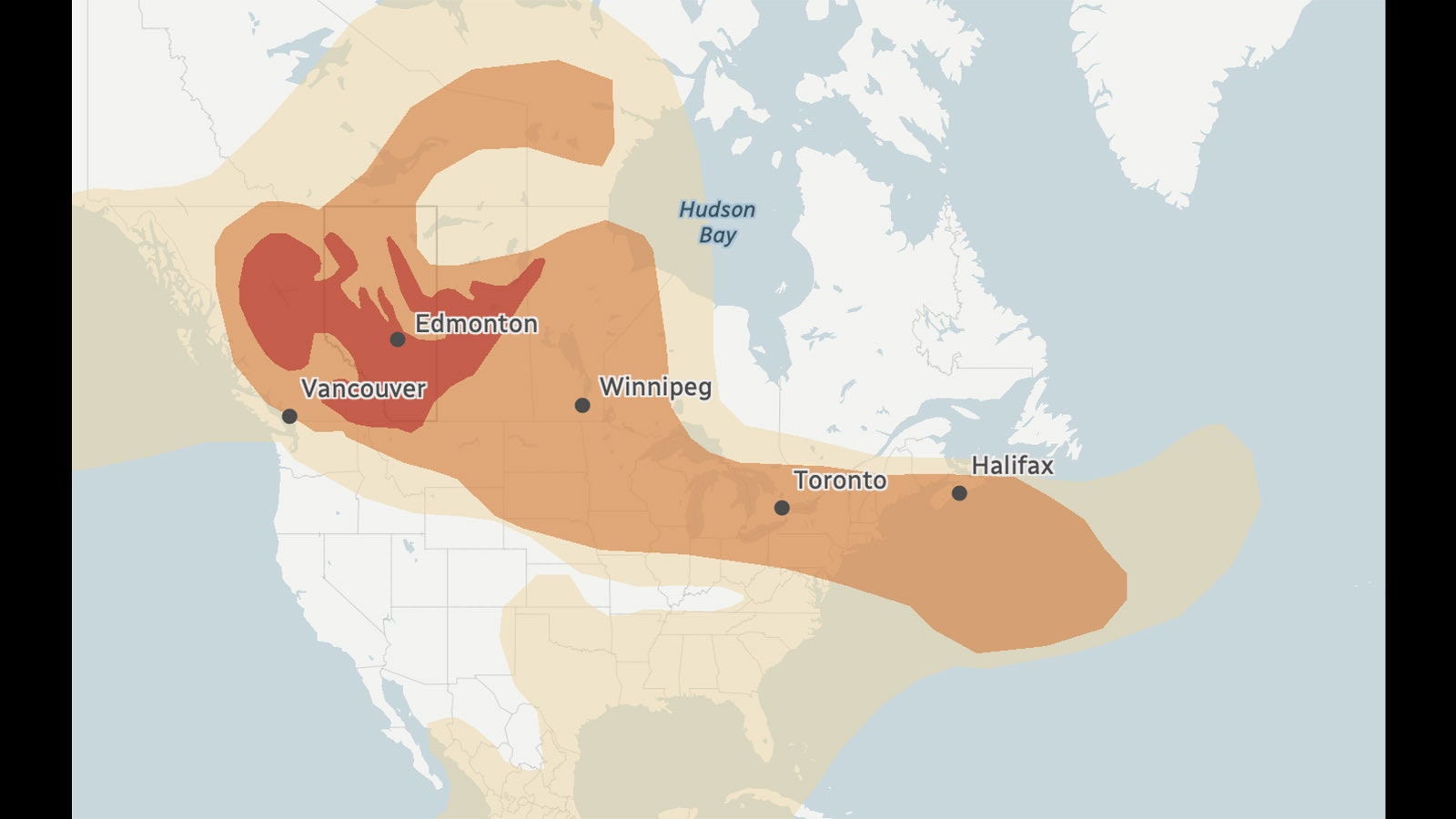 This illustration shows the pattern of smoke travel from Canada wildfires.