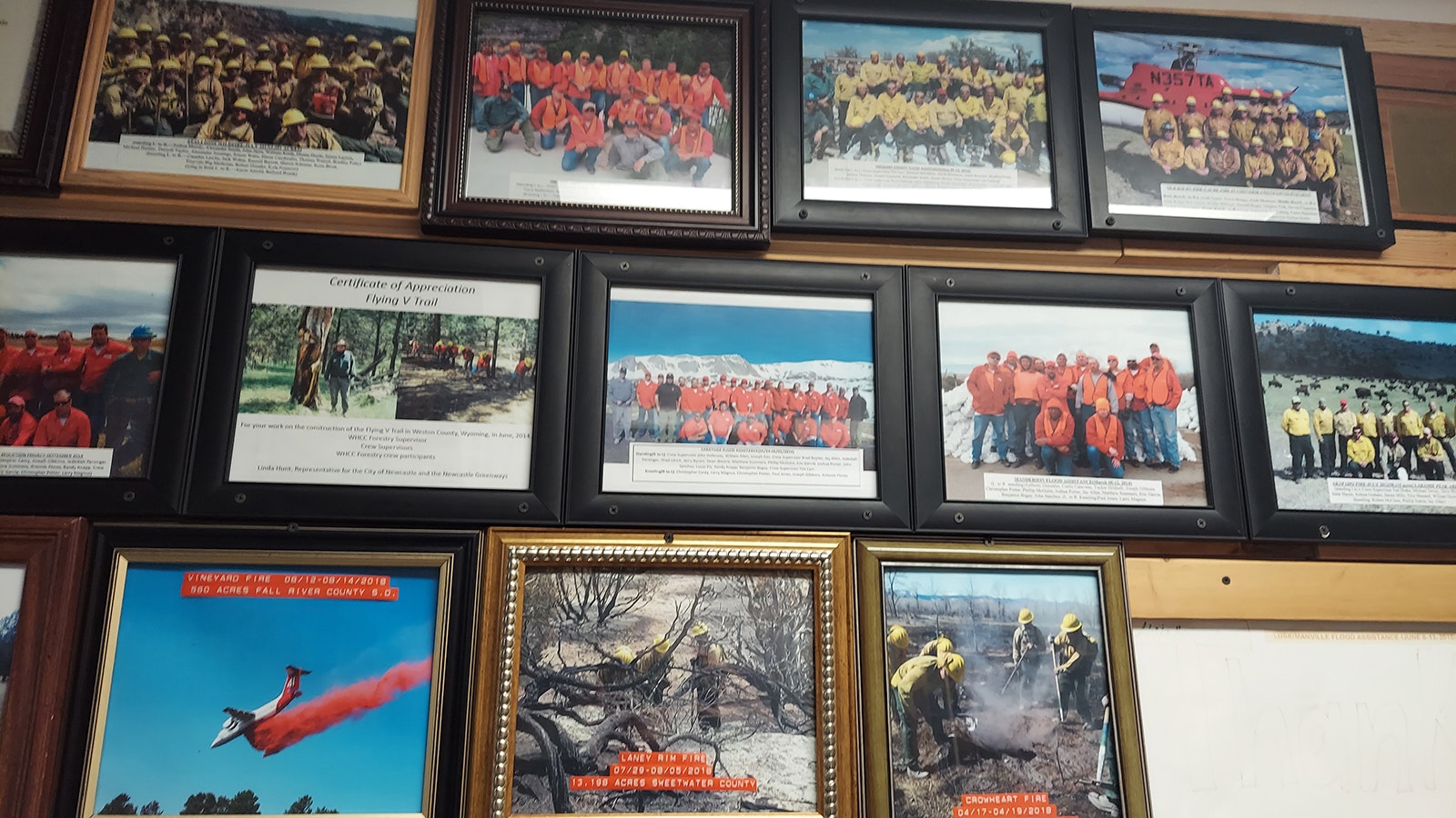 The "wall of flame" inside the state forestry building on the Wyoming Honor Conservation Camp facility captures highlights from some of the fires crews have battled over the years.