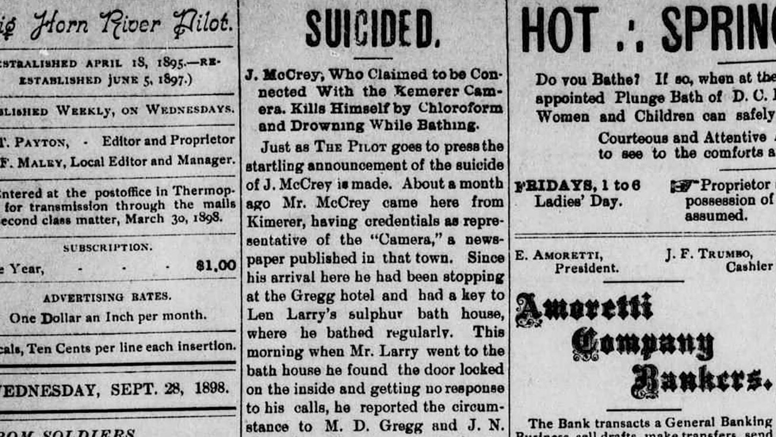 An 1898 newspaper article from the Big Horn River Pilot details the unfortunate suicide of the owner of the Occidental Hotel, McCrey. He is believed to be one of three who are buried at the Smoky Row Cemetery.