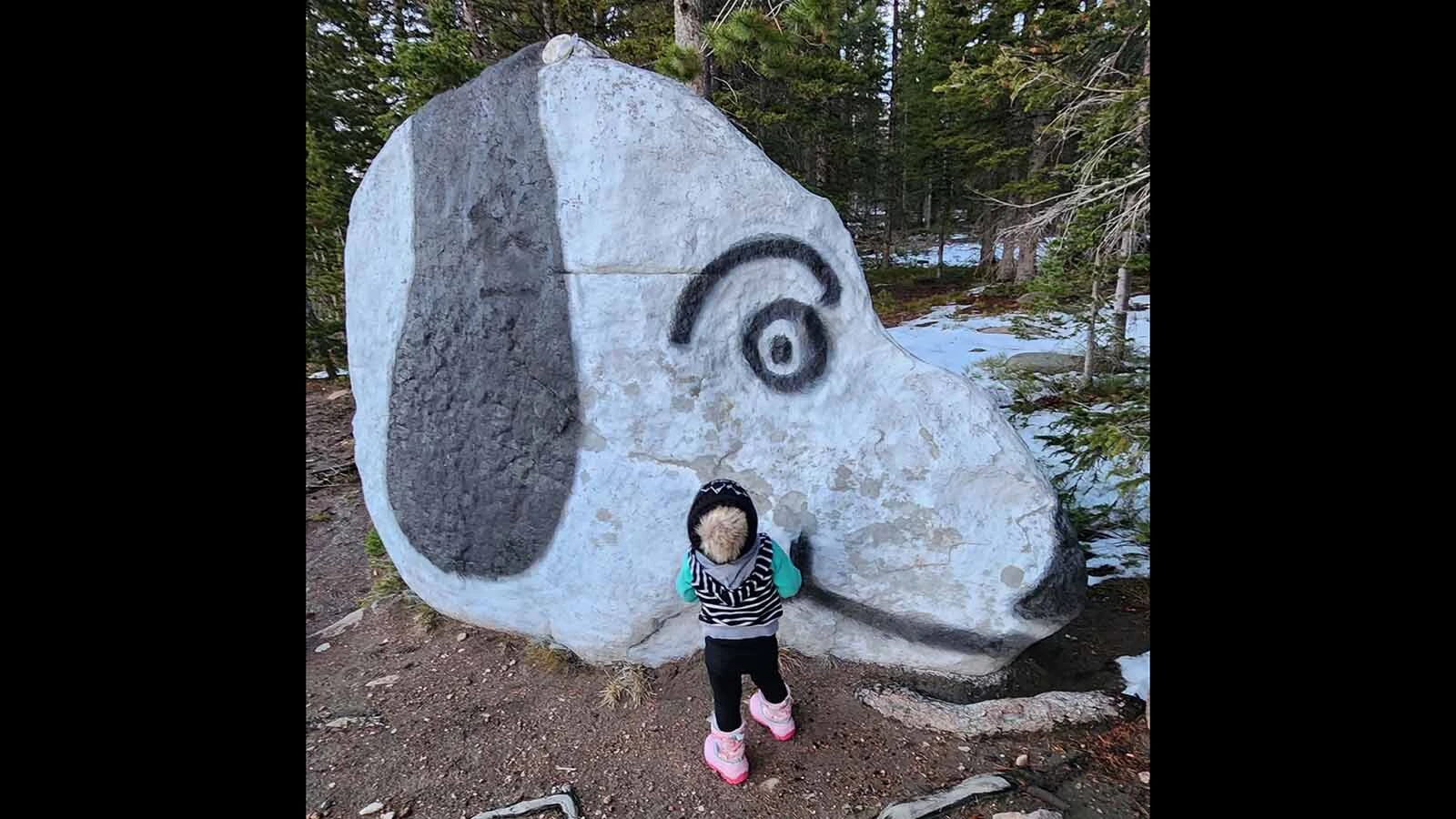 A young visitor gets a close-up look at Snoopy Rock, the mysterious painted boulder that generations of families have watched for on trips into the Sierra Madre.
