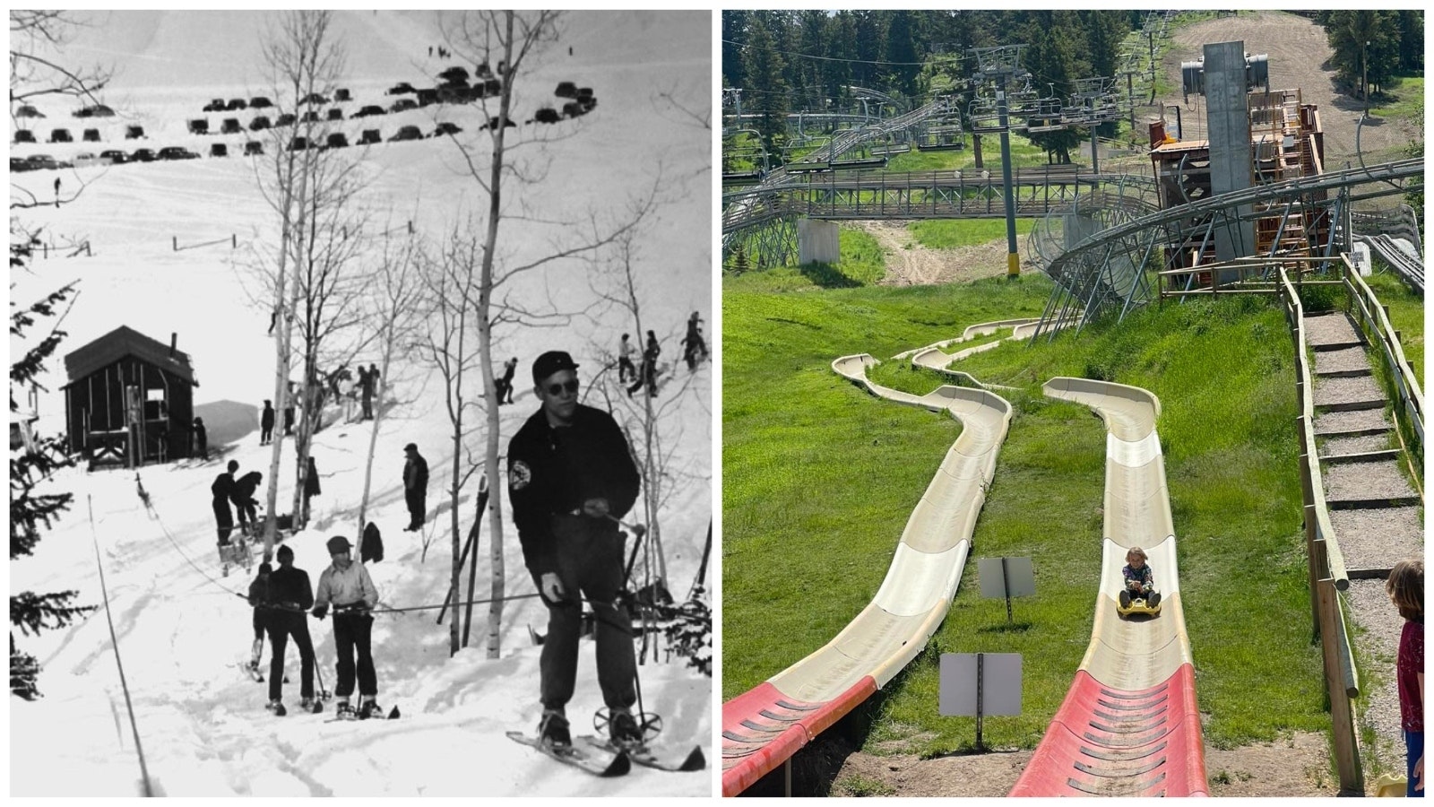 Snow King has come a long way from the Old Man’s Flats rope tow, he first cable tow on the mountain that opened in 1940, left. Now it has multiple attractions, right.