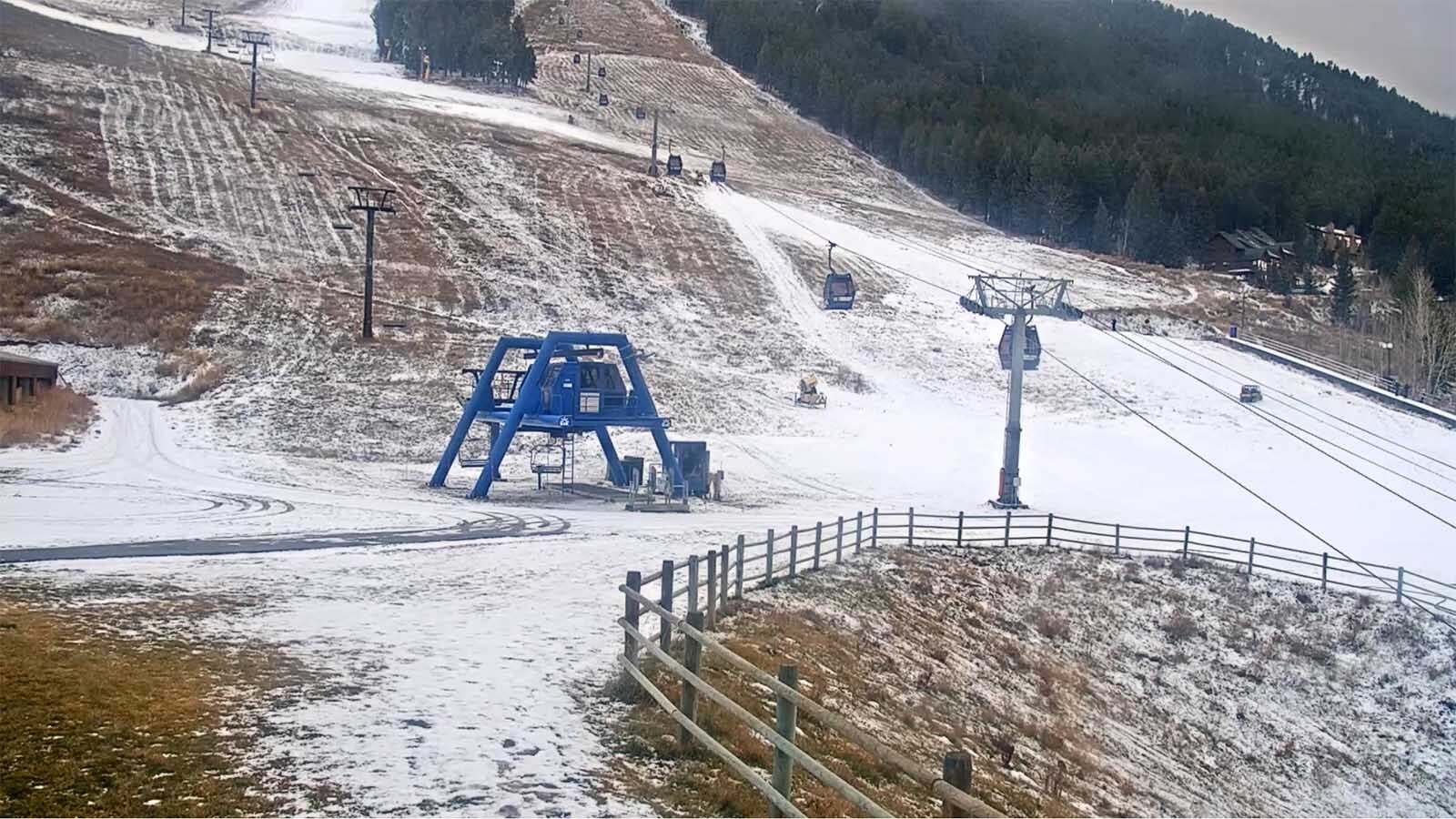 Northwest Wyoming ski resorts have had to postpone their scheduled openings because of a lack of snow. Above is a Wednesday webcam view of the lift area at Snow King resort.