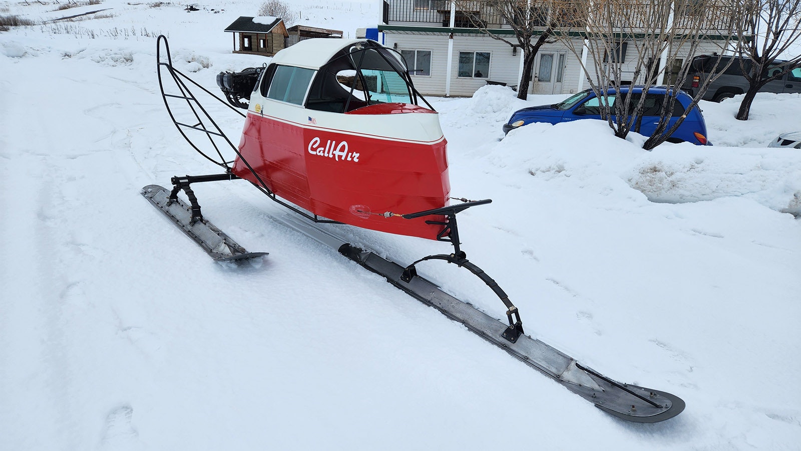 A CallAir snowplane built in the 1950s. This snowplane used to belong to the Wyoming Fish and Game Department and participated in the first winter transportation for tourists in Yellowstone National Park.