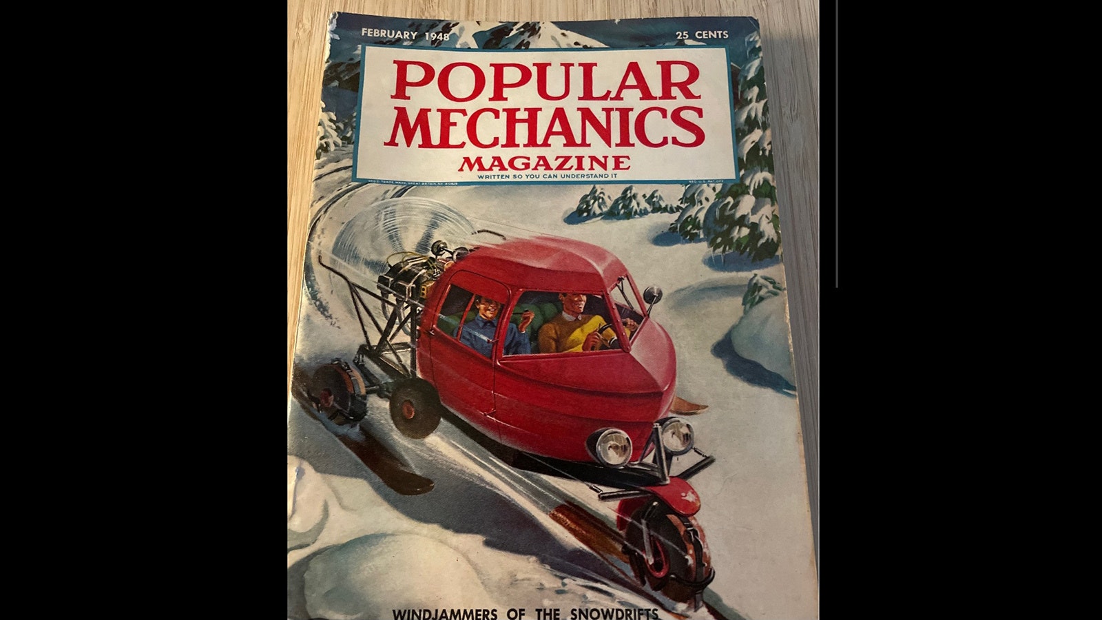 A 1948 Popular Mechanics magazine with a CallAir snowplane on the cover. Many snowplanes had attached tires so they could be marketed as an all-terrain vehicles, although it was their efficiency as over-snow vehicles that made them revolutionary in Wyoming.