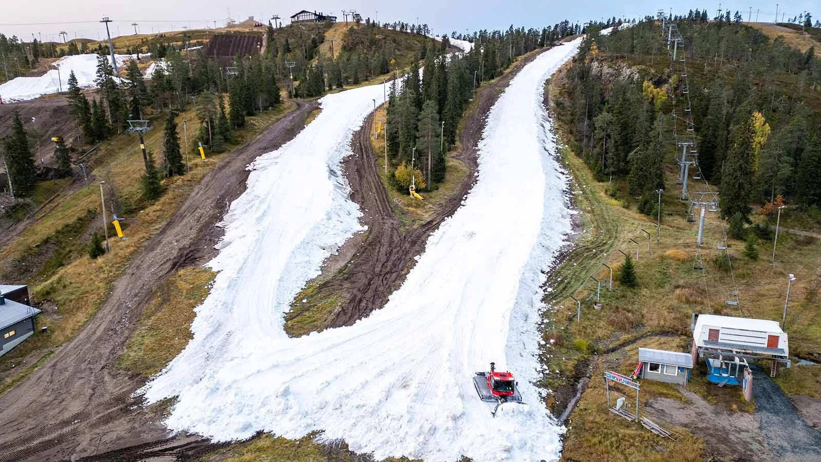 Once the fall rolls back around, the snow can be pushed back out and used immediately, as seen here at Ruka in Finland.