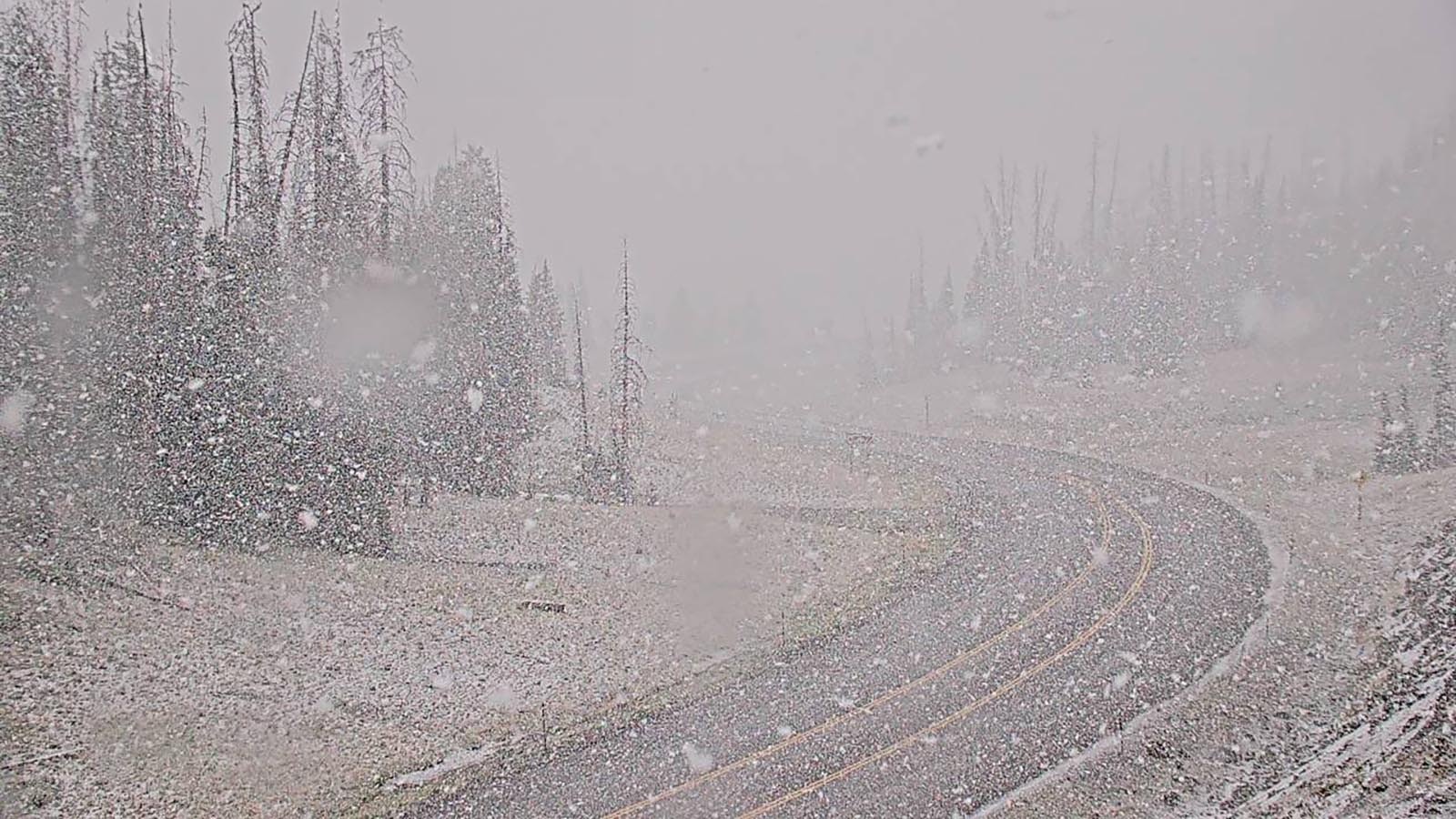 A screenshot from a Wyoming Department of Transportation highway camera shows snow falling on Togwotee Pass on U.S. Highway 26/287 near Wind River Lake on Monday morning.